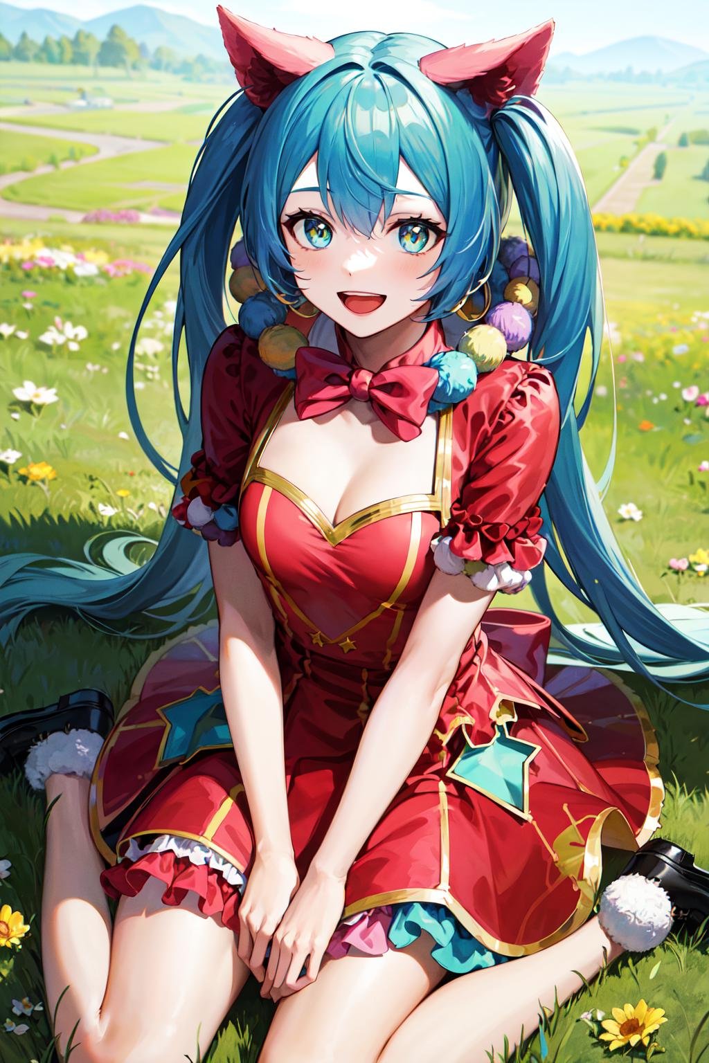 masterpiece, best quality, highres, wondermiku, red dress, <lora:hatsune_miku_(project_sekai)_v1:0.9>, grass, wariza, smile, open mouth, 