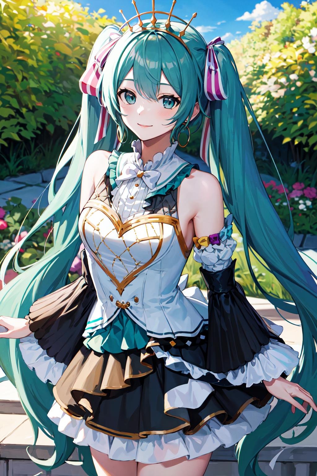 masterpiece, best quality, highres, gracemiku, <lora:hatsune_miku_(project_sekai)_v1:0.9>, garden, stage, smile, standing, cowboy shot, 