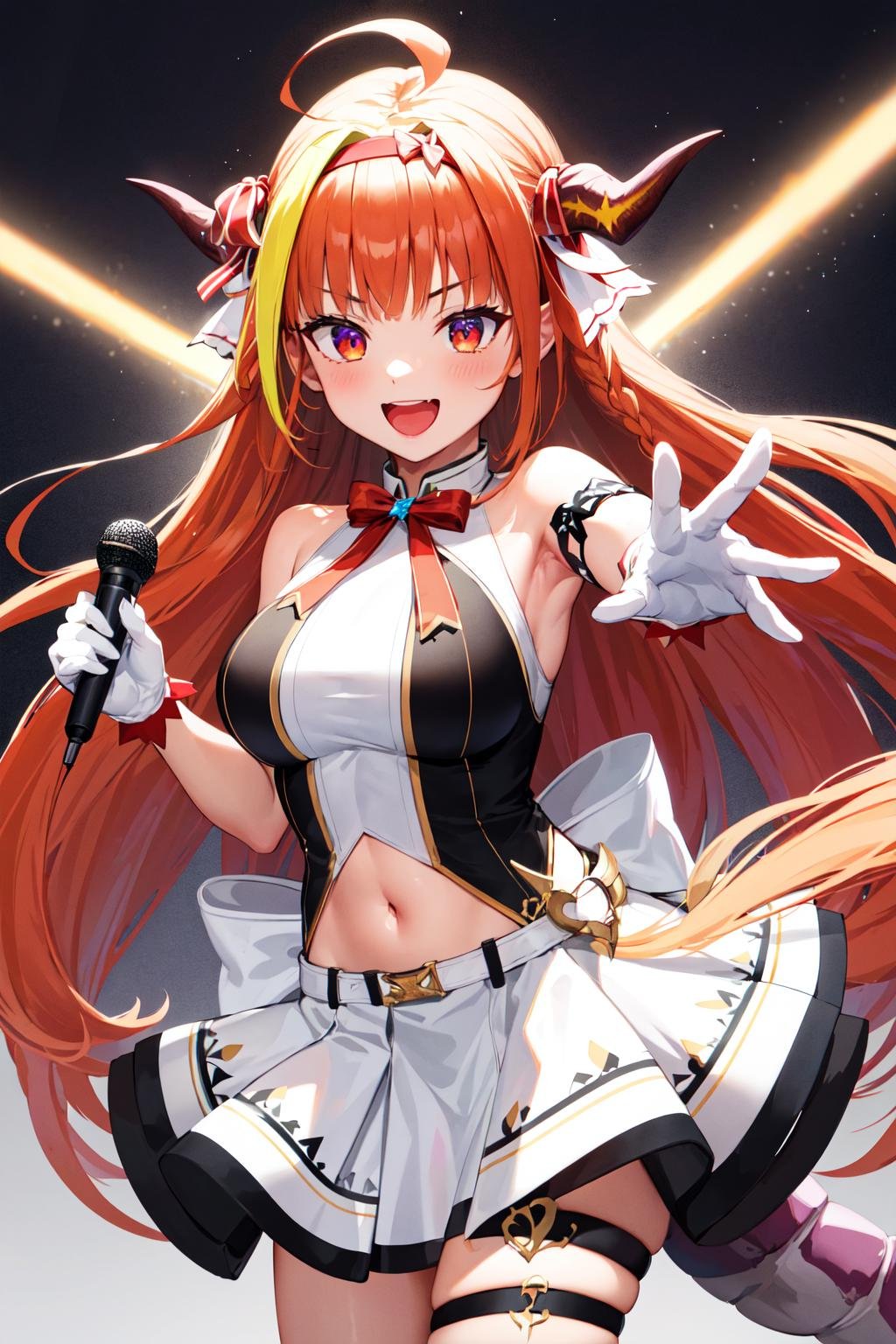 masterpiece, best quality, highres, hmcoco, long hair, streaked hair, single braid, red hairband, red ribbon, horn ribbon, dragon tail, bowtie, halterneck, hololive idol uniform, sleeveless, arm strap, navel, white gloves, white skirt, thigh strap, asymmetrical legwear, <lora:kiryu_coco_v1:0.7>, holding microphone, reaching out, smile, open mouth, 