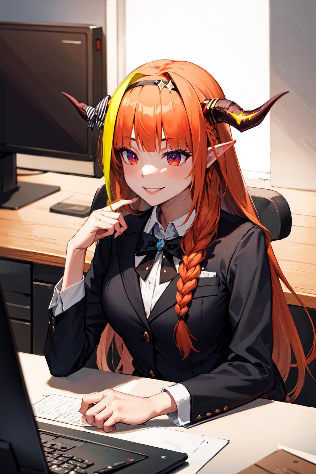 masterpiece, best quality, highres, hmcoco, long hair, streaked hair, single braid, black hairband, horn bow, dragon tail, <lora:kiryu_coco_v1:0.7>, Office, ceo, sitting, suit, smile, computer, 
