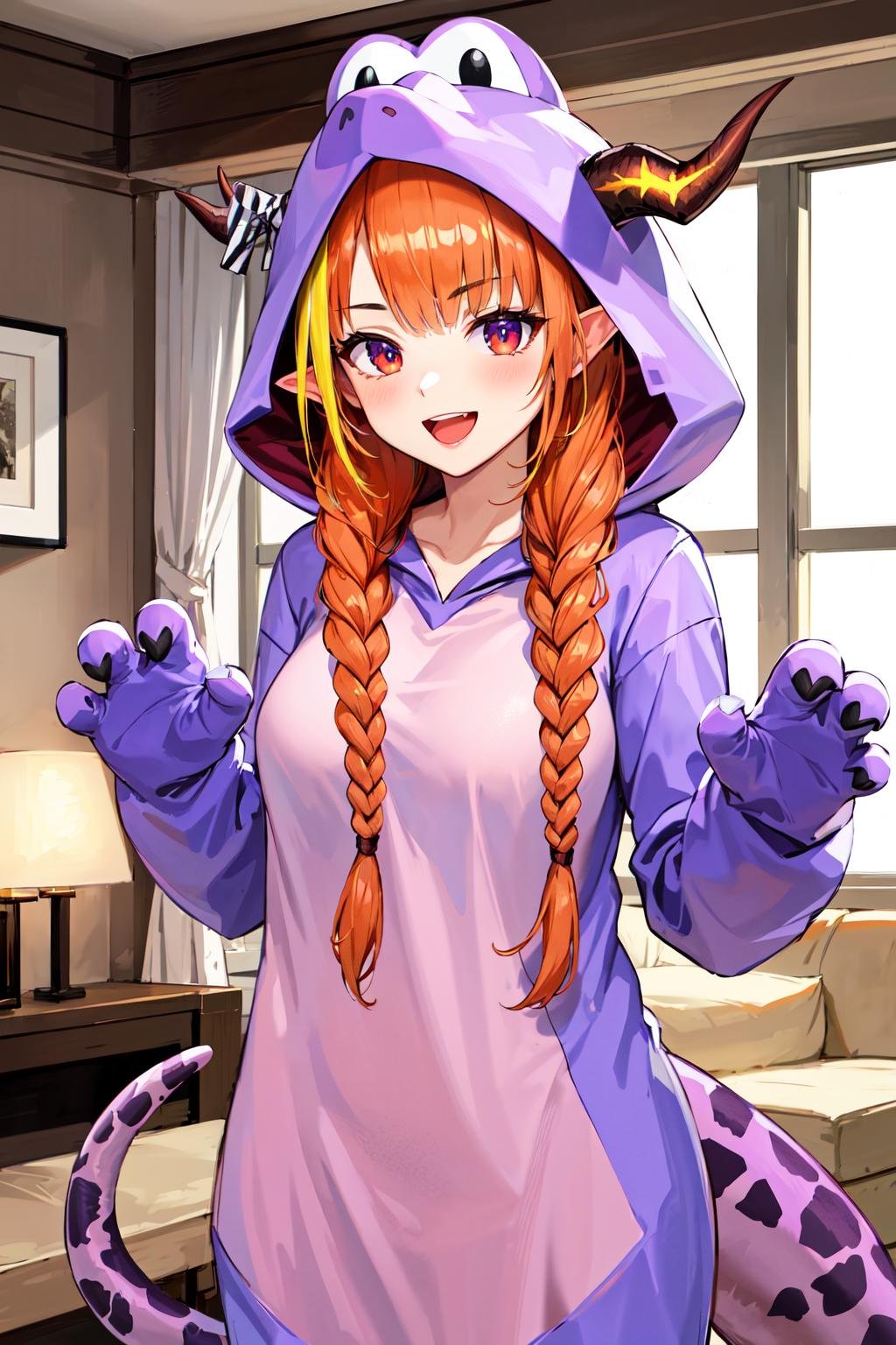 masterpiece, best quality, highres, hmcoco, low twin braids, streaked hair, horn bow, hair over shoulder, dragon tail, animal costume, kigurumi, hood, hood up, <lora:kiryu_coco_v1:0.7>, indoors, living room, smile, open mouth, hands up, 