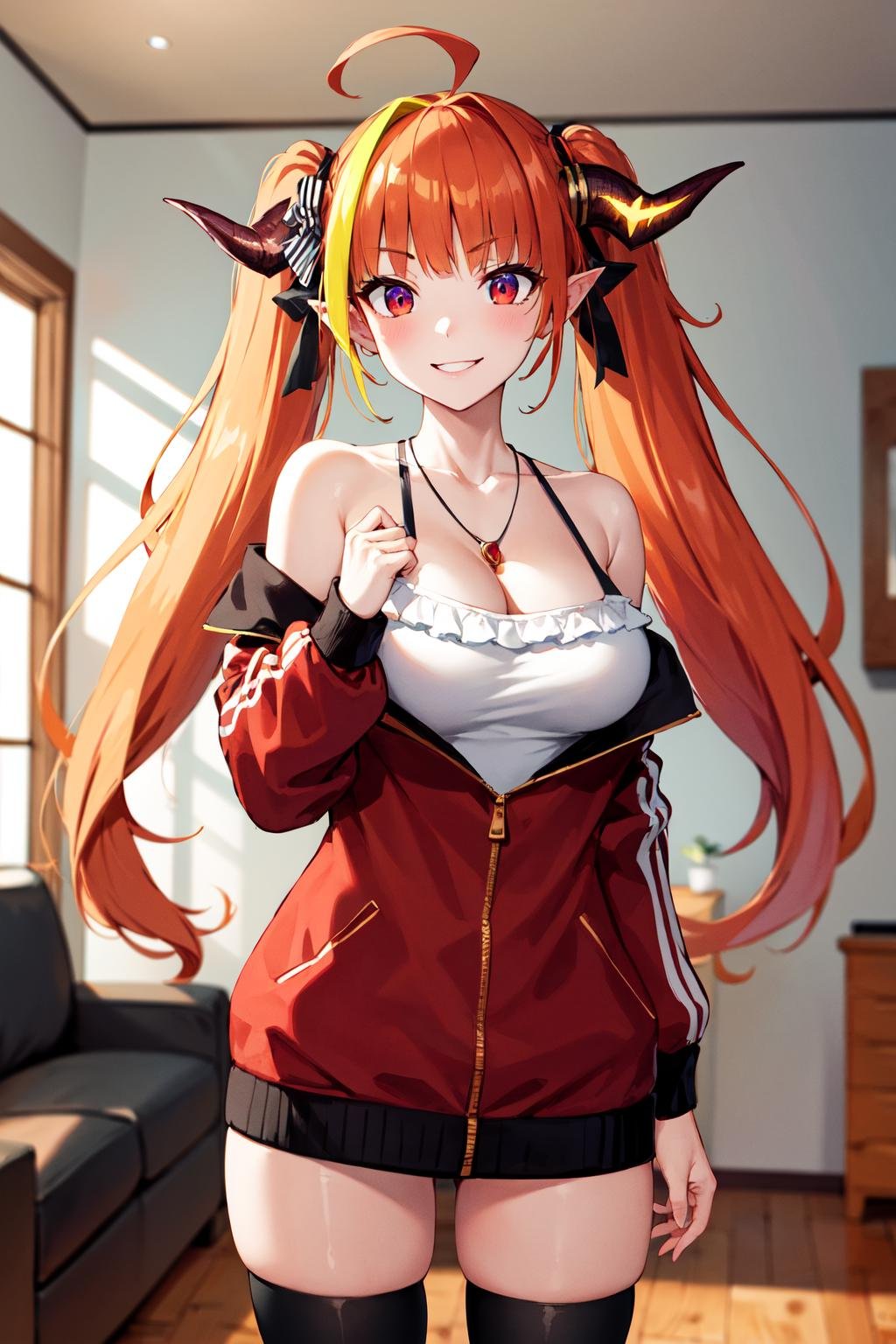 masterpiece, best quality, highres, hmcoco, twintails, streaked hair, horn bow, necklace, collarbone, bare shoulders, partially unzipped, red jacket, track jacket, long sleeves, white camisole, frills, cleavage cutout, black thighhighs, <lora:kiryu_coco_v1:0.7>, cowboy shot, standing, smile, indoors, living room