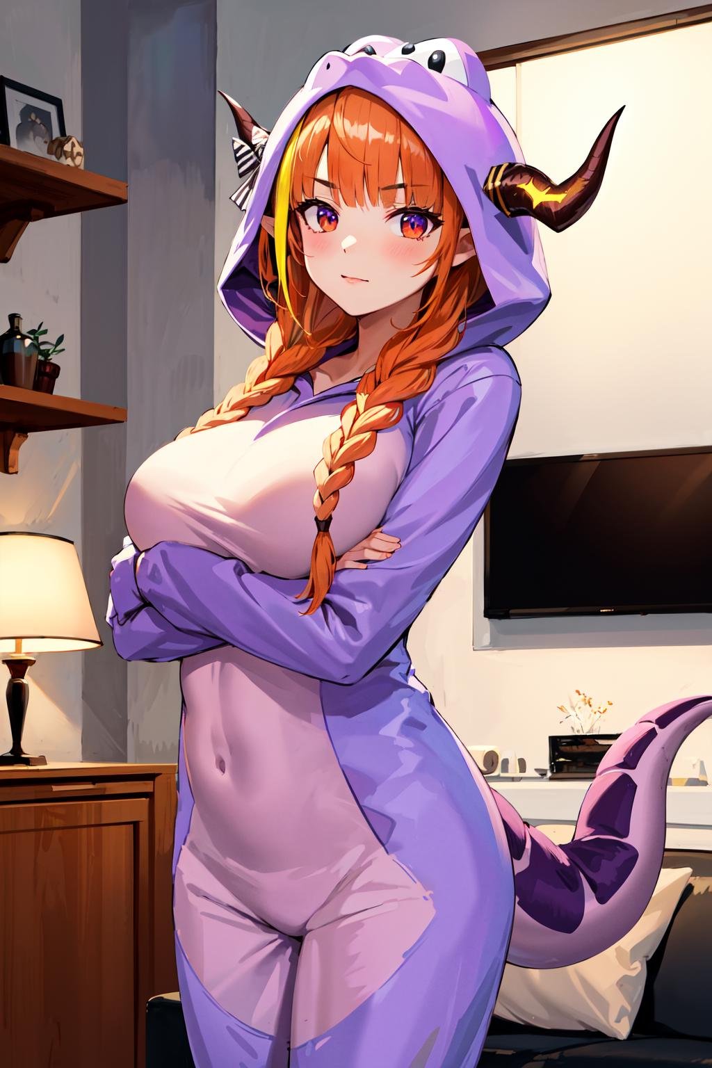 masterpiece, best quality, highres, hmcoco, low twin braids, streaked hair, horn bow, hair over shoulder, dragon tail, animal costume, kigurumi, hood, hood up, <lora:kiryu_coco_v1:0.7>, indoors, living room, standing, cowboy shot