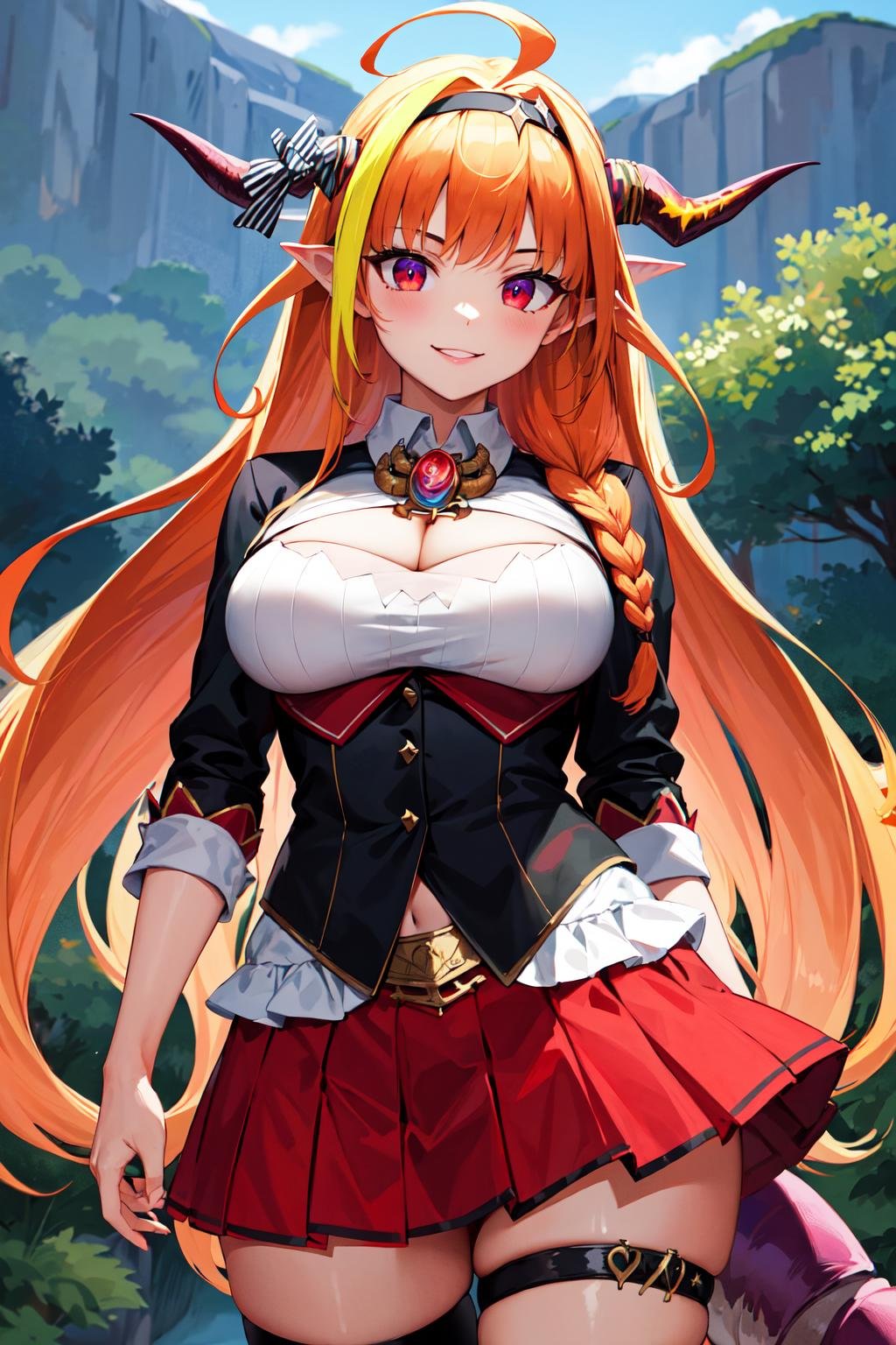 masterpiece, best quality, highres, hmcoco, long hair, streaked hair, single braid, black hairband, horn bow, dragon tail, black jacket,  white shirt, collared shirt, cleavage cutout, brooch, red skirt, single thighhigh, thigh strap, asymmetrical legwear, <lora:kiryu_coco_v1:0.7>, cowboy shot, standing, smile, outdoors