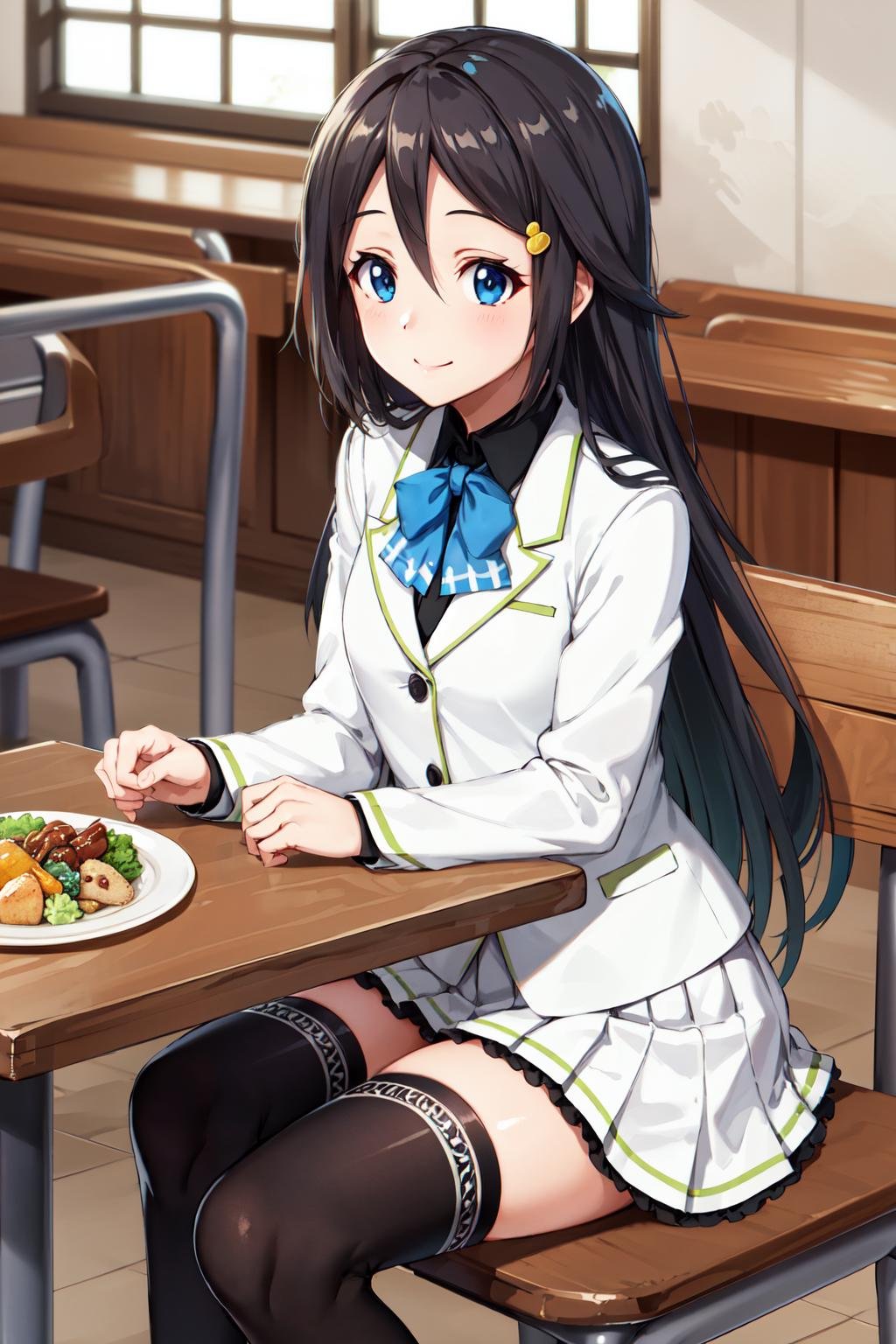 masterpiece, best quality, highres, kyoto animation, hmreina, long hair, hair ornament, hairclip, bowtie, school uniform, shirt, white jacket, long sleeves, white skirt, pleated skirt, black thighhighs, <lora:izumi_reina_v1:0.6>, sitting, food, smile, table, restaurant, 