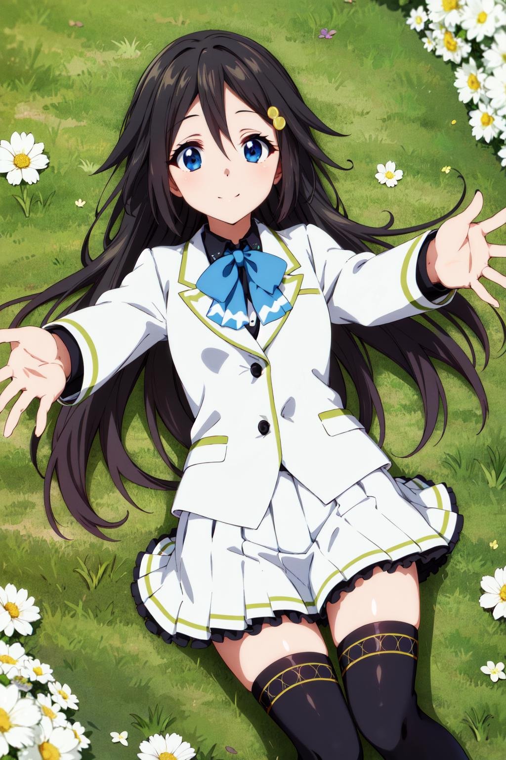 masterpiece, best quality, highres, kyoto animation, hmreina, long hair, hair ornament, hairclip, bowtie, school uniform, shirt, white jacket, long sleeves, white skirt, pleated skirt, black thighhighs, <lora:izumi_reina_v1:0.6>, field, flower, lying, from above, smile, outstretched arms, reaching out, 