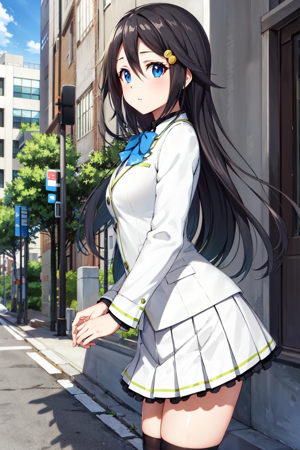 masterpiece, best quality, highres, kyoto animation, hmreina, long hair, hair ornament, hairclip, bowtie, school uniform, shirt, white jacket, long sleeves, white skirt, pleated skirt, black thighhighs, <lora:izumi_reina_v1:0.6>, from side, street