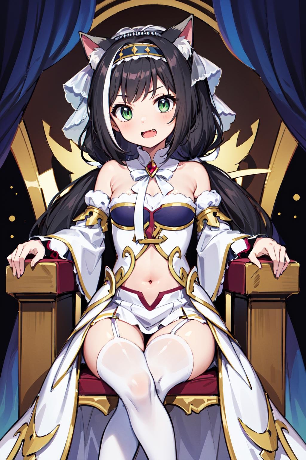 masterpiece, best quality, highres, karyldd, low twintails, white veil, hairband, green eyes, fang, cat tail, white ribbon, (white dress:1.1), white sleeves, navel cutout, <lora:karyl_v1:0.7>, throne, sitting,
