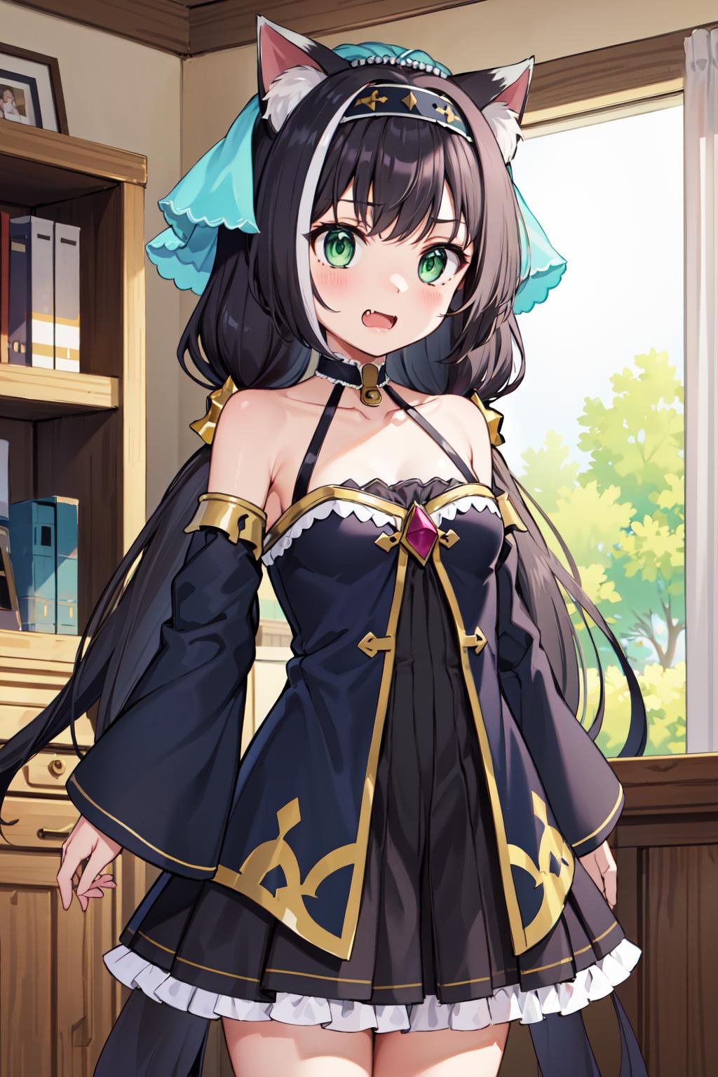 masterpiece, best quality, highres, karylee, low twintails, blue veil, hairband, green eyes, fang, cat tail, collarbone, bare shoulders, black dress, black sleeves, <lora:karyl_v1:0.7>, indoors, cowboy shot, standing, arms at sides, straight-on,