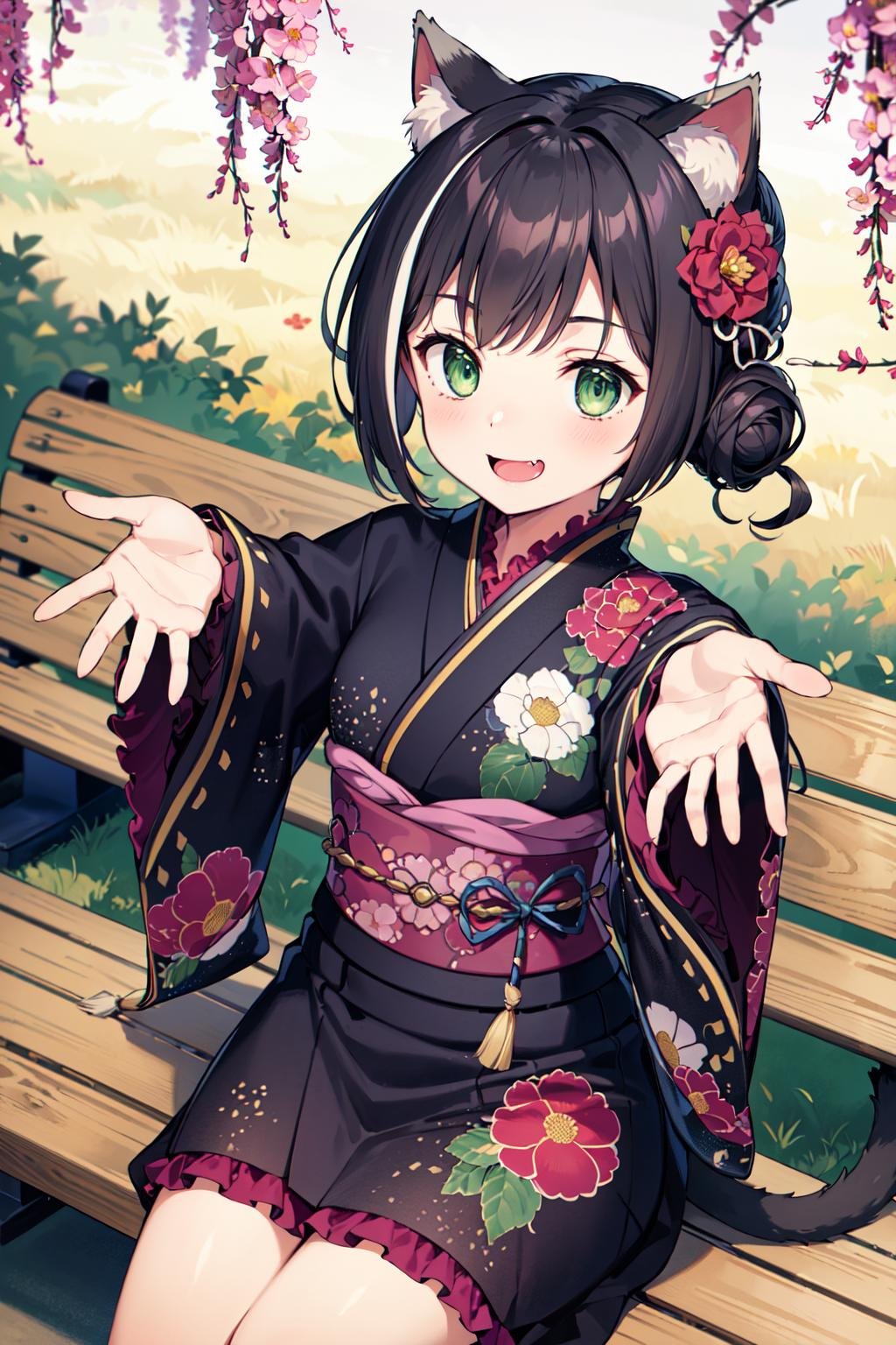 masterpiece, best quality, highres, karylcc, single hair bun, drill hair, hair flower, green eyes, fang, cat tail, black kimono, japanese clothes, floral print, sleeves past wrists, frilled sleeves, obi, <lora:karyl_v1:0.7>, reaching out, outstretched arms, smile, sitting, bench