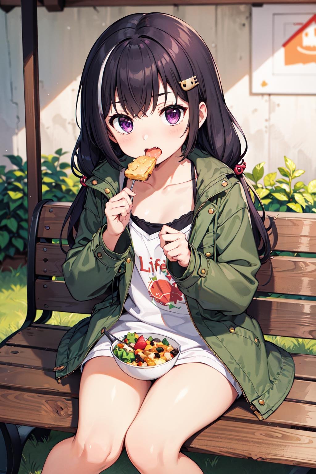 masterpiece, best quality, highres, karylff, streaked hair, hair ornament, hairclip, purple eyes, fang, collarbone, green jacket, open clothes, long sleeves, white shirt, clothes writing, bottomless, <lora:karyl_v1:0.7>, sitting, bench, food, eating, open mouth,