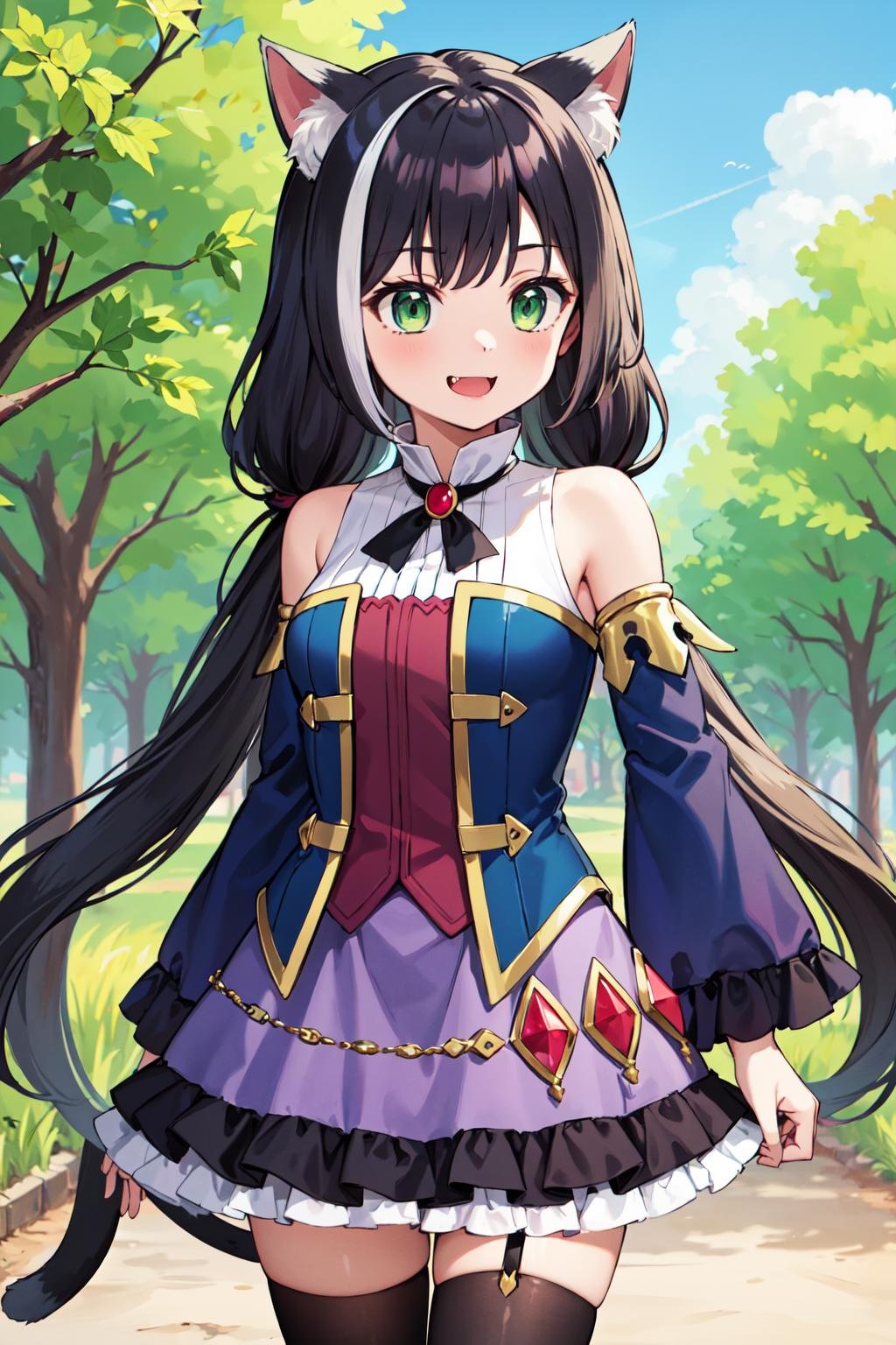 masterpiece, best quality, highres, karylaa, two-tone hair,  hair, low twintails, green eyes, fang, cat tail, sleeveless shirt, bare shoulders, blue sleeves, jewelry, purple skirt, black thighhighs, <lora:karyl_v1:0.7>, cowboy shot, standing, smile, outdoors, arms at sides, straight-on,