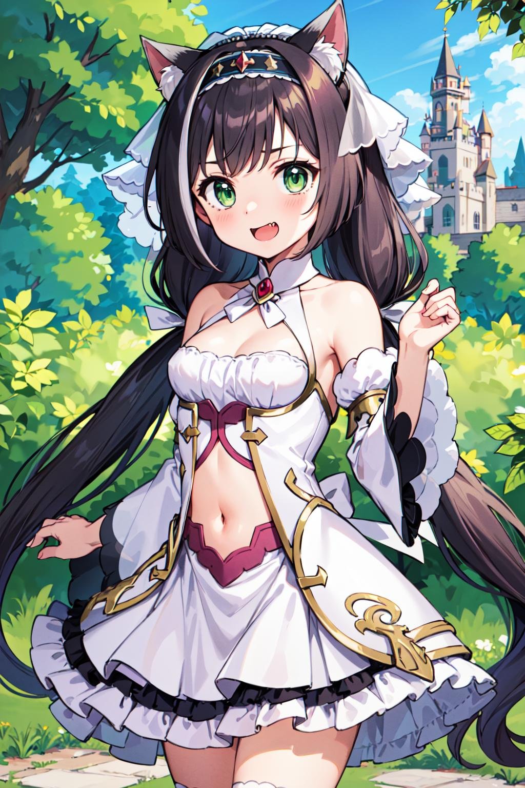 masterpiece, best quality, highres, karyldd, low twintails, white veil, hairband, green eyes, fang, cat tail, white ribbon, bare shoulders, (white dress:1.2), frills, white sleeves, navel cutout, <lora:karyl_v1:0.7>, outdoors, garden, castle, standing, cowboy shot