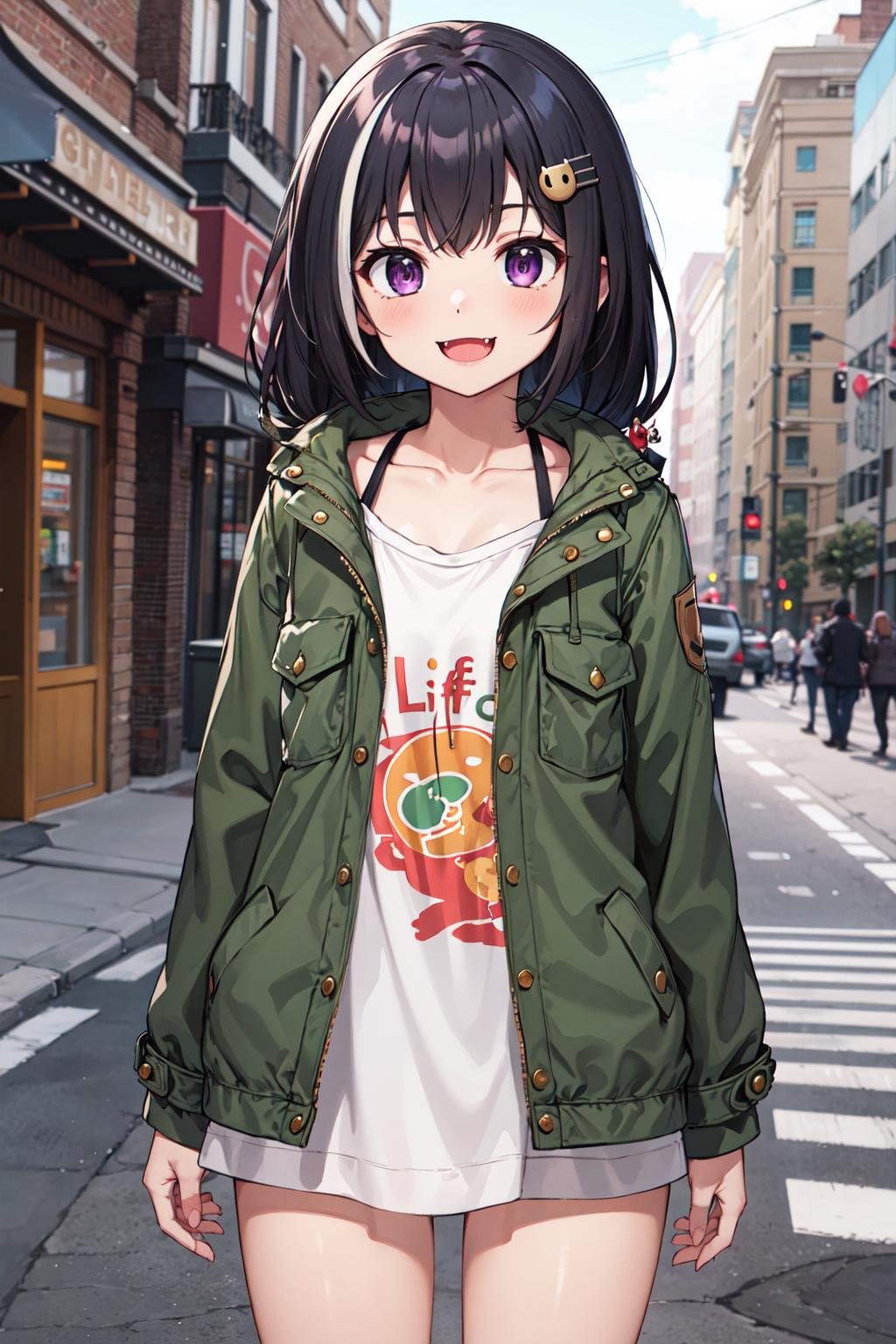 masterpiece, best quality, highres, karylff, streaked hair, hair ornament, hairclip, purple eyes, fang, collarbone, green jacket, open clothes, long sleeves, white shirt, clothes writing, bottomless, <lora:karyl_v1:0.7>, cowboy shot, standing, street, arms at sides, straight-on, smile,