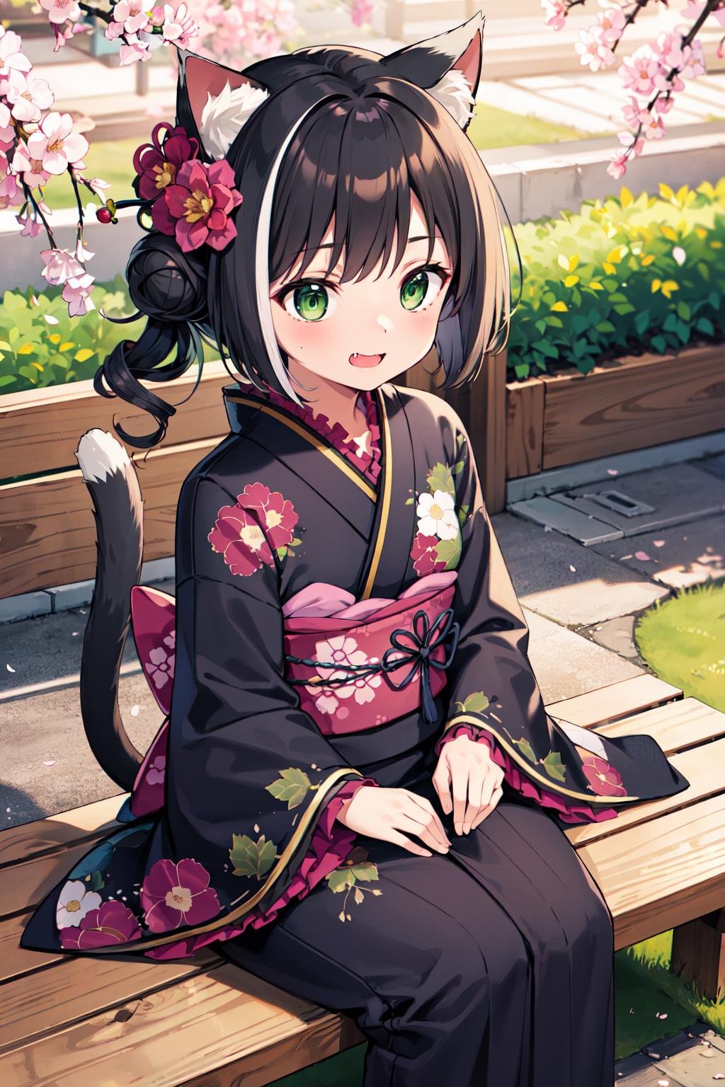 masterpiece, best quality, highres, karylcc, single hair bun, drill hair, hair flower, green eyes, fang, cat tail, black kimono, japanese clothes, floral print, sleeves past wrists, frilled sleeves, obi, <lora:karyl_v1:0.7>, outdoors, sitting, bench, cherry blossoms,