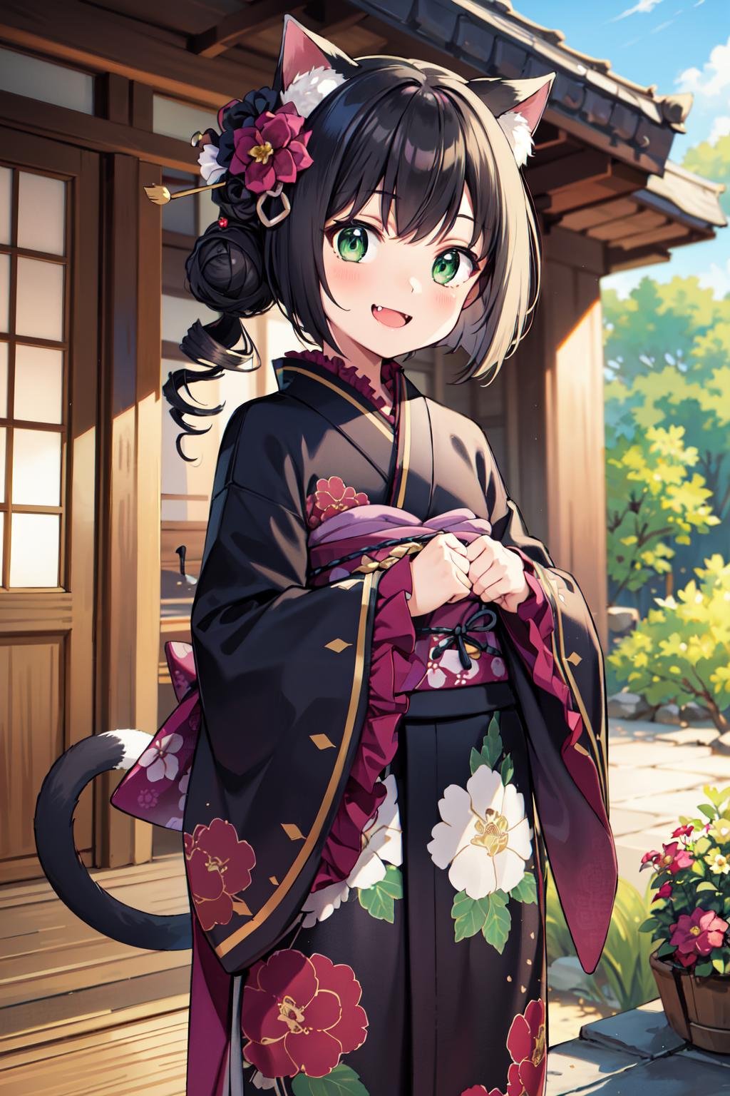 masterpiece, best quality, highres, karylcc, single hair bun, drill hair, hair flower, green eyes, fang, cat tail, black kimono, japanese clothes, floral print, sleeves past wrists, frilled sleeves, obi, <lora:karyl_v1:0.7>, outdoors, smile, standing, cowboy shot