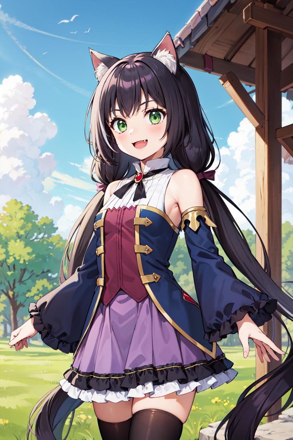masterpiece, best quality, highres, karylaa, low twintails, green eyes, fang, cat tail, sleeveless shirt, bare shoulders, blue sleeves, jewelry, purple skirt, black thighhighs, <lora:karyl_v1:0.7>, cowboy shot, standing, smile, outdoors, arms at sides, straight-on,