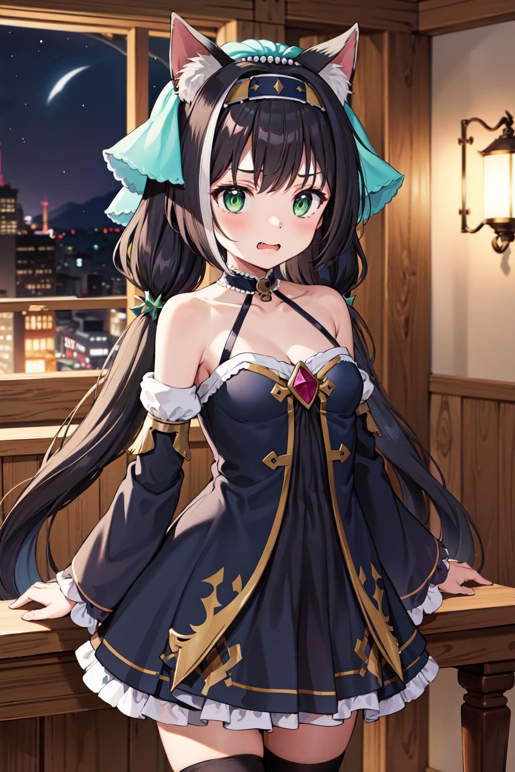 masterpiece, best quality, highres, karylee, low twintails, blue veil, hairband, green eyes, fang, collarbone, bare shoulders, black dress, black sleeves, thighhighs, <lora:karyl_v1:0.7>, indoors, cowboy shot, standing, arms at sides, straight-on, night