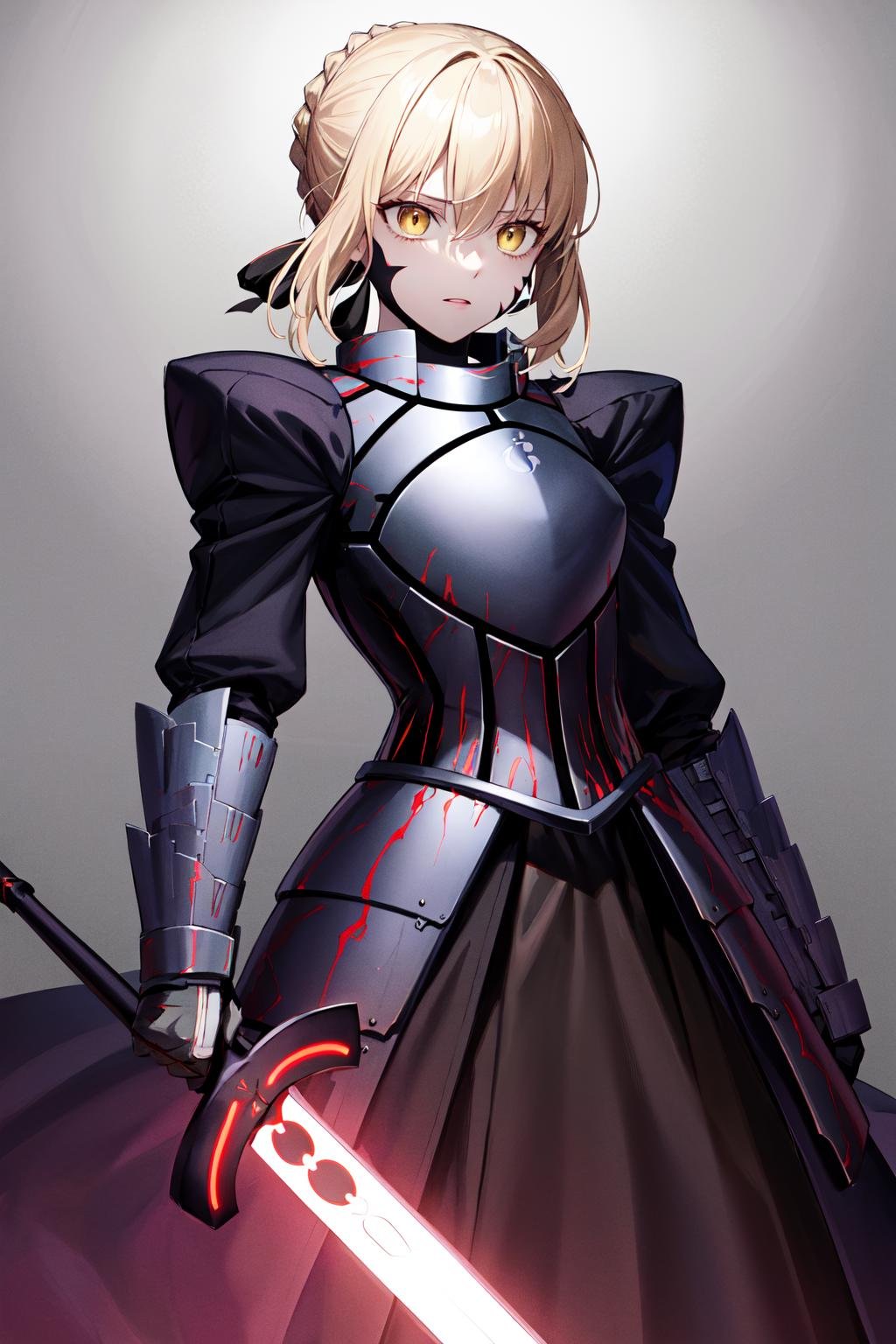 masterpiece, best quality, highres, eesaber, pale skin, black dress, black armor, <lora:artoria_pendragon_v2:0.9>, cowboy shot, standing, holding weapon, sword, holding sword, excalibur morgan \(fate\), 