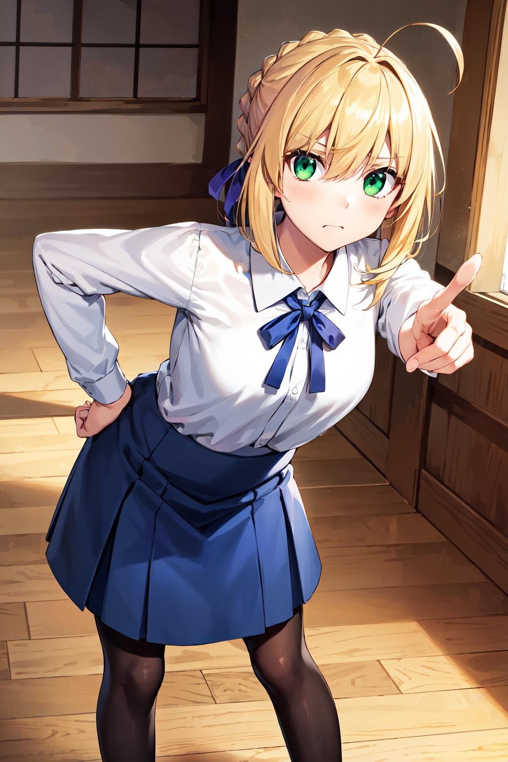 masterpiece, best quality, highres, ccsaber, blonde hair, green eyes, ahoge, white shirt, blue skirt, black pantyhose, <lora:artoria_pendragon_v2:0.9>, indoors, frown, leaning forward, pointing at viewer, hand on hip, 