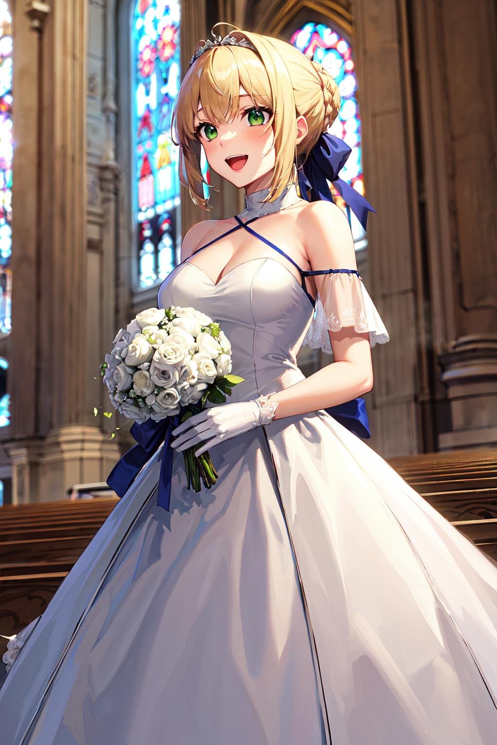 masterpiece, best quality, highres, ccsaber, blonde hair, green eyes, ahoge, <lora:artoria_pendragon_v2:0.8>, wediing dress, bridal veil, white gloves, church, off shoulder, tiara, holding bouquet, smile, open mouth