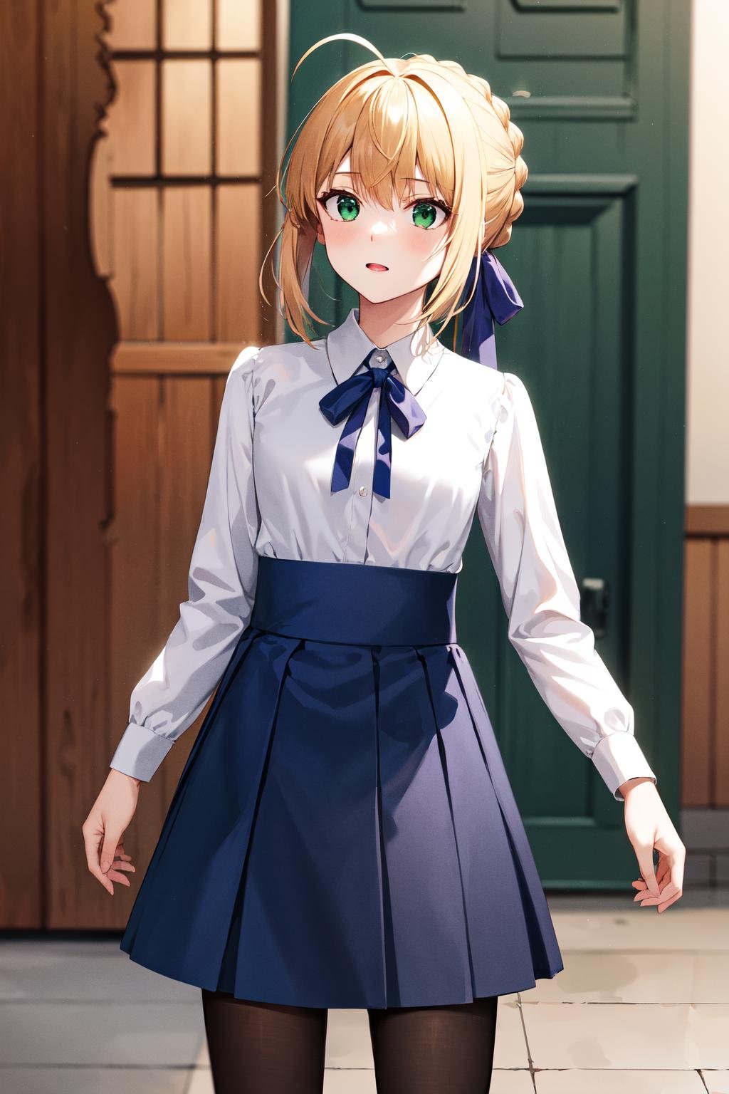 masterpiece, best quality, highres, ccsaber, green eyes, ahoge, white shirt, blue skirt, black pantyhose, <lora:artoria_pendragon_v2:0.9>, cowboy shot, standing, 