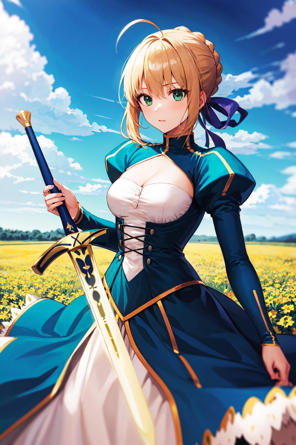 masterpiece, best quality, highres, bbsaber, green eyes, ahoge, <lora:artoria_pendragon_v1:0.9>, field, standing, sword, excalibur \(fate/stay night\), outdoors, 