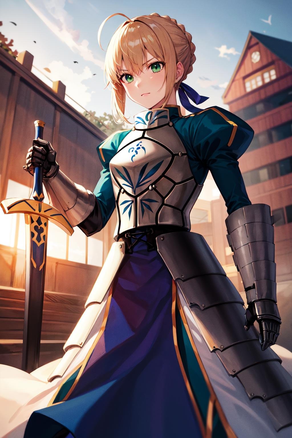 masterpiece, best quality, highres, aasaber, green eyes, ahoge, gauntlets, <lora:artoria_pendragon_v1:0.9>, standing, cowboy shot, holding weapon, sword, excalibur \(fate/stay night\),