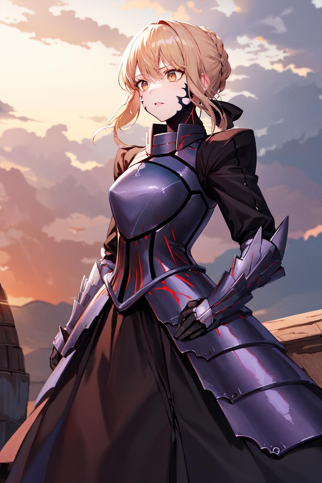 masterpiece, best quality, highres, eesaber, pale skin, black dress, black armor, <lora:artoria_pendragon_v2:0.9>, cowboy shot, standing, 