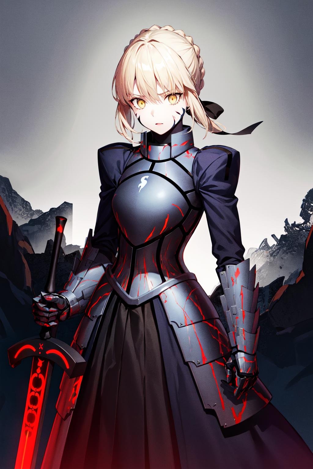 masterpiece, best quality, highres, eesaber, pale skin, black dress, black armor, <lora:artoria_pendragon_v2:0.9>, cowboy shot, standing, holding weapon, sword, holding sword, excalibur morgan \(fate\), 