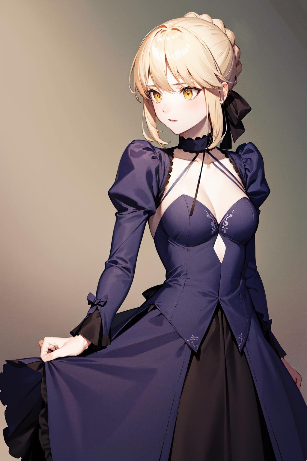 masterpiece, best quality, highres, ddsaber, pale skin, black dress, <lora:artoria_pendragon_v2:0.9>, cowboy shot, standing,