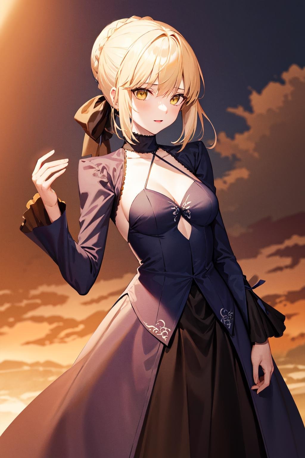 masterpiece, best quality, highres, ddsaber, pale skin, black dress, <lora:artoria_pendragon_v2:0.9>, cowboy shot, standing, 