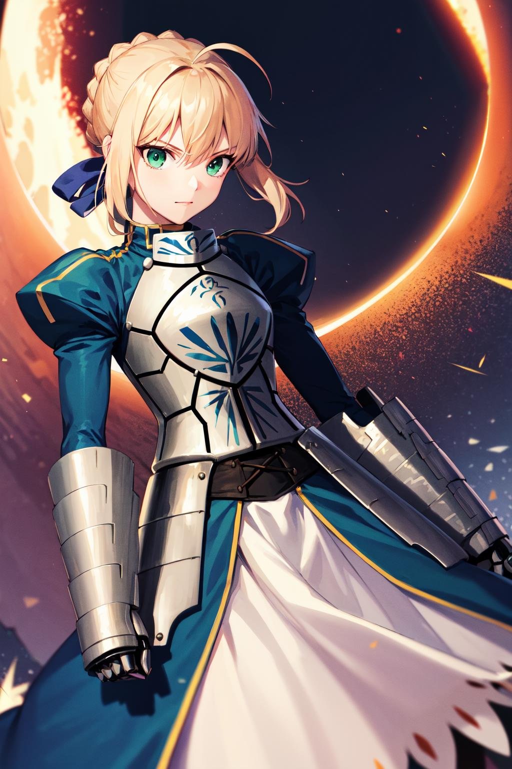 masterpiece, best quality, highres, aasaber, green eyes, ahoge, gauntlets, <lora:artoria_pendragon_v1:0.9>, standing, cowboy shot, 