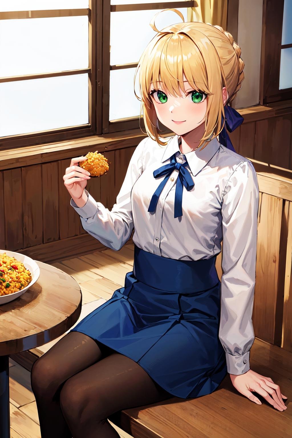 masterpiece, best quality, highres, ccsaber, blonde hair, green eyes, ahoge, white shirt, blue skirt, black pantyhose, <lora:artoria_pendragon_v2:0.9>, indoors, food, rice, sitting, table, smile,