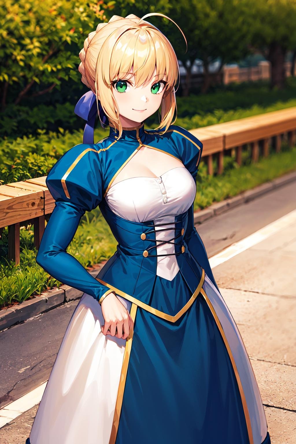 masterpiece, best quality, highres, bbsaber, green eyes, ahoge, <lora:artoria_pendragon_v1:0.9>, standing, cowboy shot, outdoors, smile,