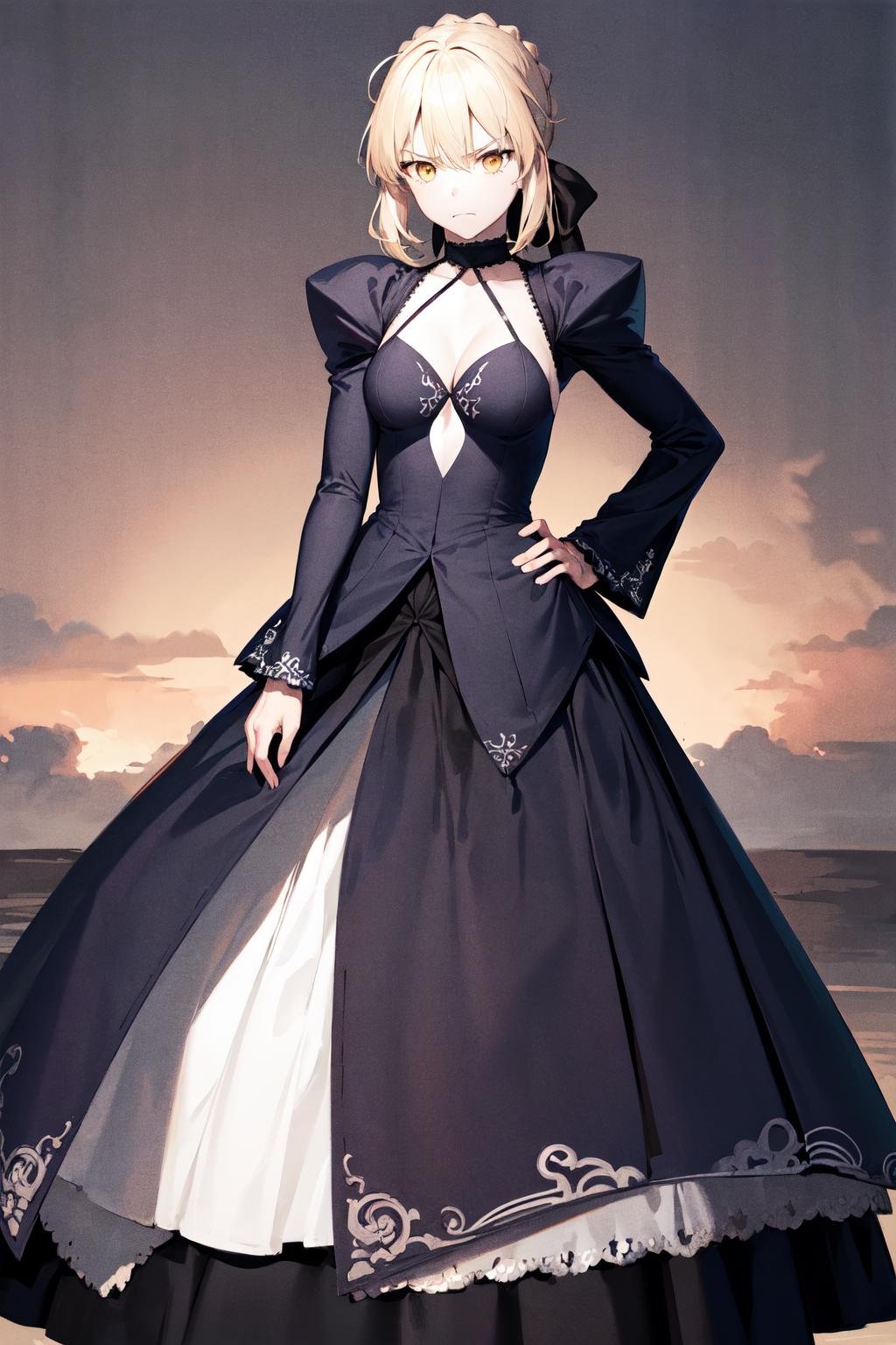 masterpiece, best quality, highres, ddsaber, pale skin, black dress, <lora:artoria_pendragon_v2:0.9>, hand on hip, frown