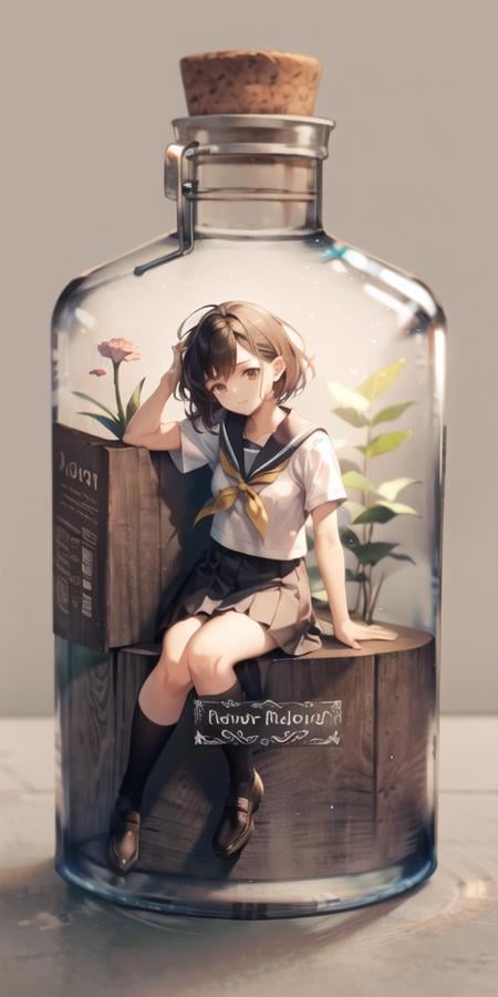 1girl, arm at side, bottle, brown eyes, brown hair, english text, flower, full body, glass bottle, grey background, gib\(concept\), looking at viewer, medium hair, neck ribbon, pleated skirt, ribbon, school uniform, serafuku, shirt, short sleeves, simple background, skirt, solo, yellow ribbon, sailor collar, red flower, shoes, white shirt, brown footwear, short hair, socks, bangs, brown skirt, loafers, hand up, closed mouth, <lora:bottle_locon_v2m:1>
