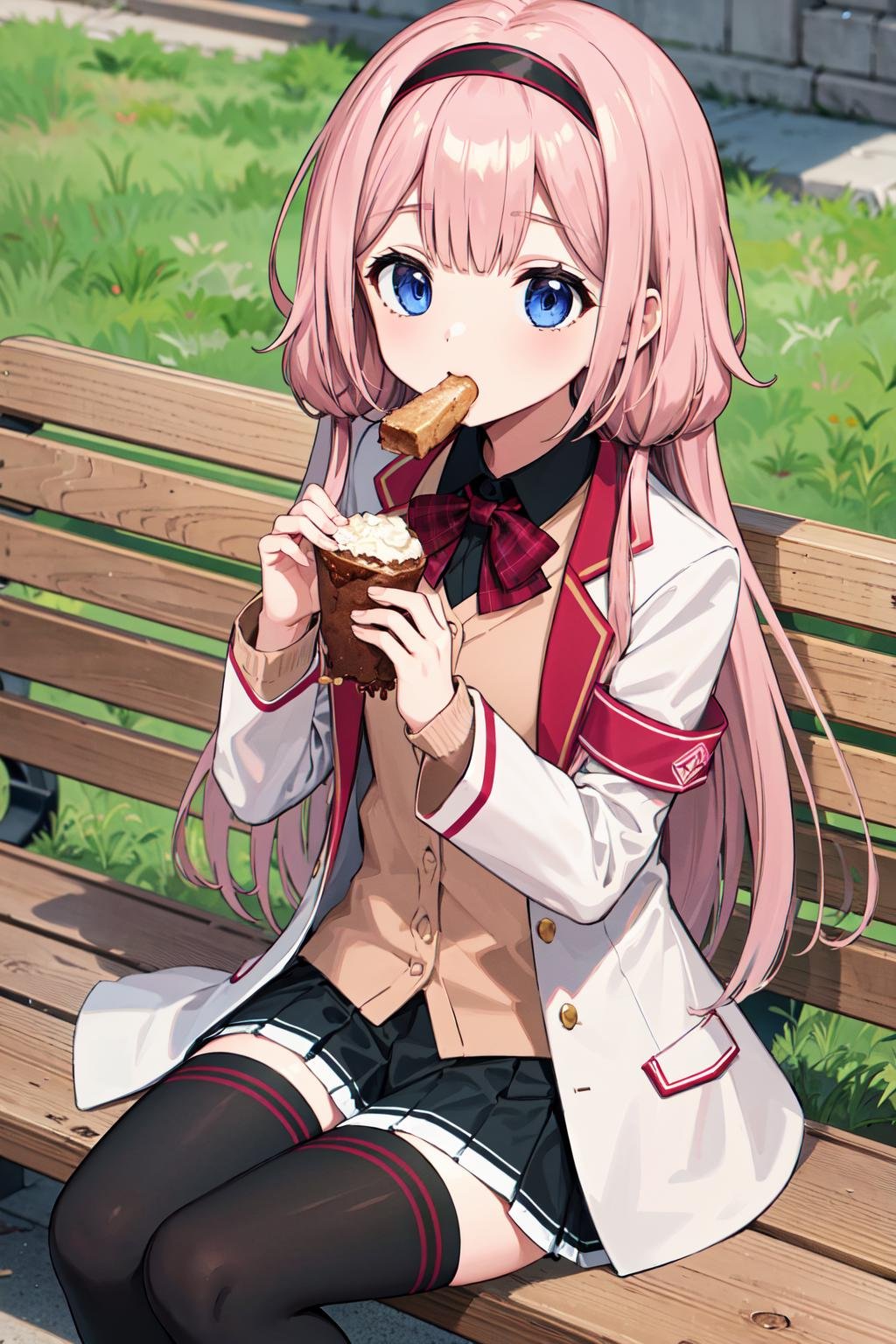 masterpiece, best quality, highres, aasango, long hair, black thighhighs, black hairband, white jacket, armband, school uniform, blue eyes, black skirt, brown cardigan, black shirt, open clothes, long sleeves, plaid bow, <lora:suo_sango_v1:0.7>, bench, sitting, food, eating, outdoors