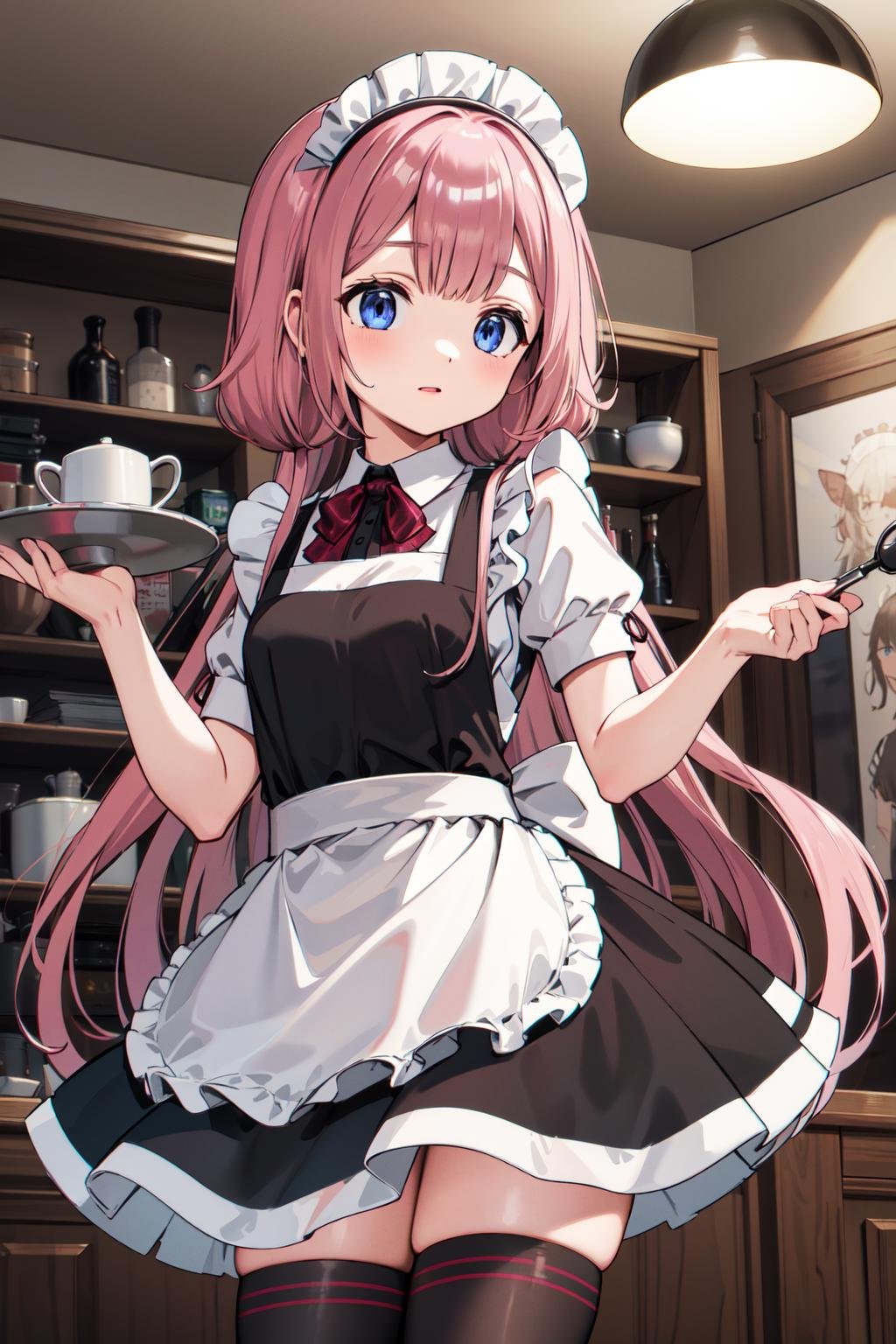 masterpiece, best quality, highres, aasango, long hair, black thighhighs, black hairband, blue eyes, <lora:suo_sango_v1:0.7>, maid headdress, maid, apron, indoors, standing, cowboy shot,