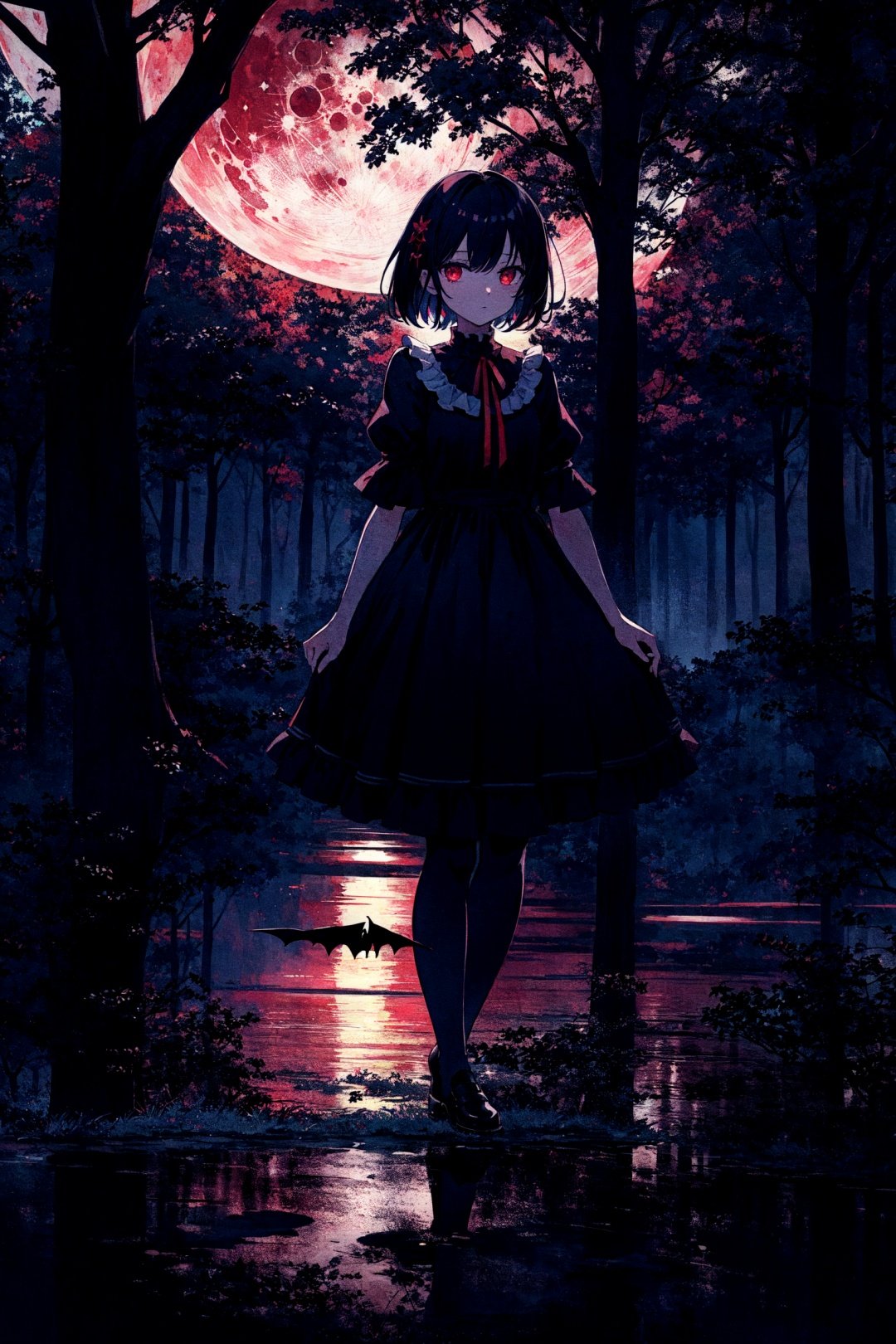  (masterpiece, 4k, best quality, highly detailed, 1girl, solo),1girl, solo, watercolor, moonlit, mystical, ethereal, delicate, serene, dark colors, vibrant reds, crescent moon, stars, flowing hair, short hair, black hair, moon-shaped hairpin, large eyes, innocent expression, pale skin, small figure, Lolita fashion, frilly dress, black and red color scheme, lace details, knee-high socks, Mary Jane shoes, blood moon, ominous atmosphere, wispy clouds, eerie shadows, glowing red eyes, moonlight reflecting on the ground, bats flying in the background, silhouette of a spooky tree, misty forest, haunted ambiance, enchanted aura, stillness, magical girl, blood-red ribbons, moonlit path, nightfall, mysterious beauty, gothic elements, solemn expression, hidden powers, moonlit lake, reflection, tranquility, nocturnal creature, otherworldly presence, midjourney, Colorful portraits