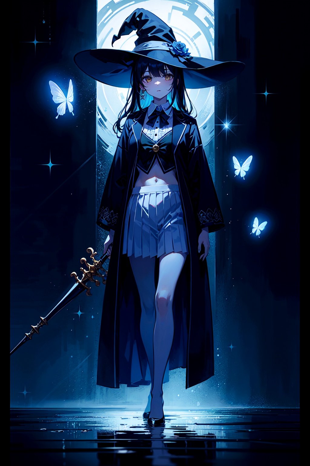 colorful butterfly,full body,witch hat,(detailed face:1.2),((Tarot border)),The portrait is centered,(no weapon),medium hair,blunt bangs,brown eyes,standing,medium breasts,robe,Magic robe,Perfect body,Tie,(mature woman),bangs,long hair,(female teacher),pleated skirt,(((masterpiece))),bestquality,(beautifuldetailedgirl),beautifuldetailedglow,detailedice,beautifuldetailedwater,(beautifuldetailedeyes),expressionless,(floatingpalaces),azurehair,disheveledhair,longbangs,hairsbetweeneyes,blackribbon,whitebowties,midriff,{{{halfclosedeyes}}},bigforhead,flower,Tonalism,cinematic lighting,sparkle,illustration,high details,super detail,award winning,best quality,high quality,8k,