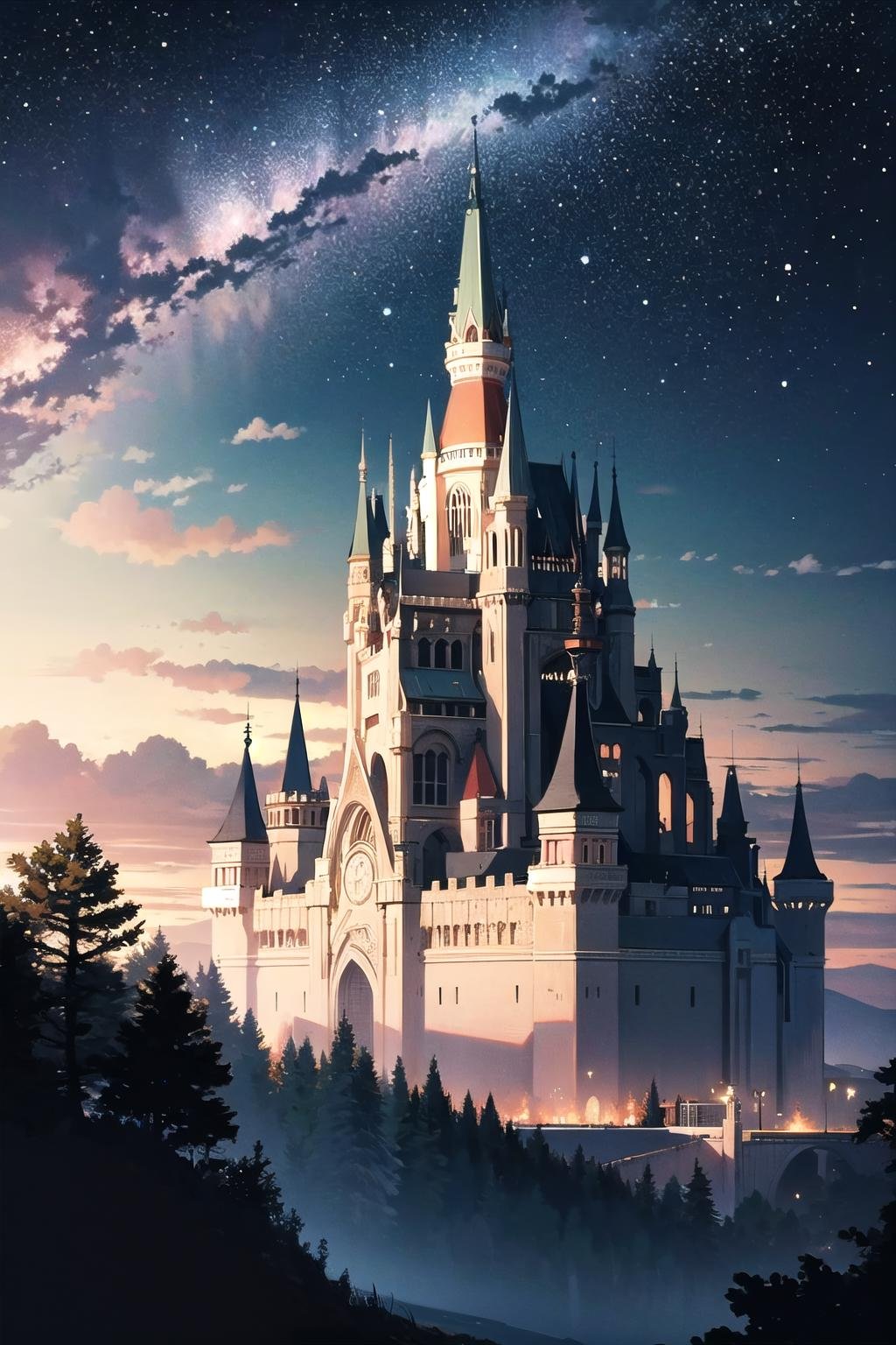 (masterpiece:1.3),(highly detailed:1.3),(highres:1.1),best quality,Ultra-detail,landscape,science fiction,castle far away,forest,magic,starry sky,nebula,