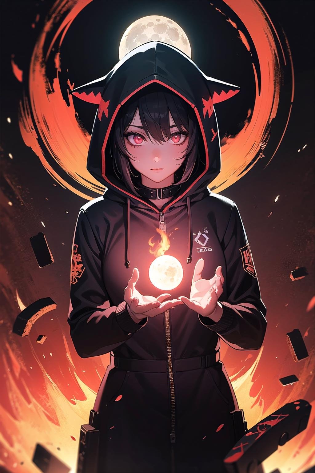 (masterpiece:1.3),(highly detailed:1.3),(highres:1.1),best quality,Ultra-detail,1girl,solo,science fiction,darkness,hood,glowing eyes,runes,moon,flames,