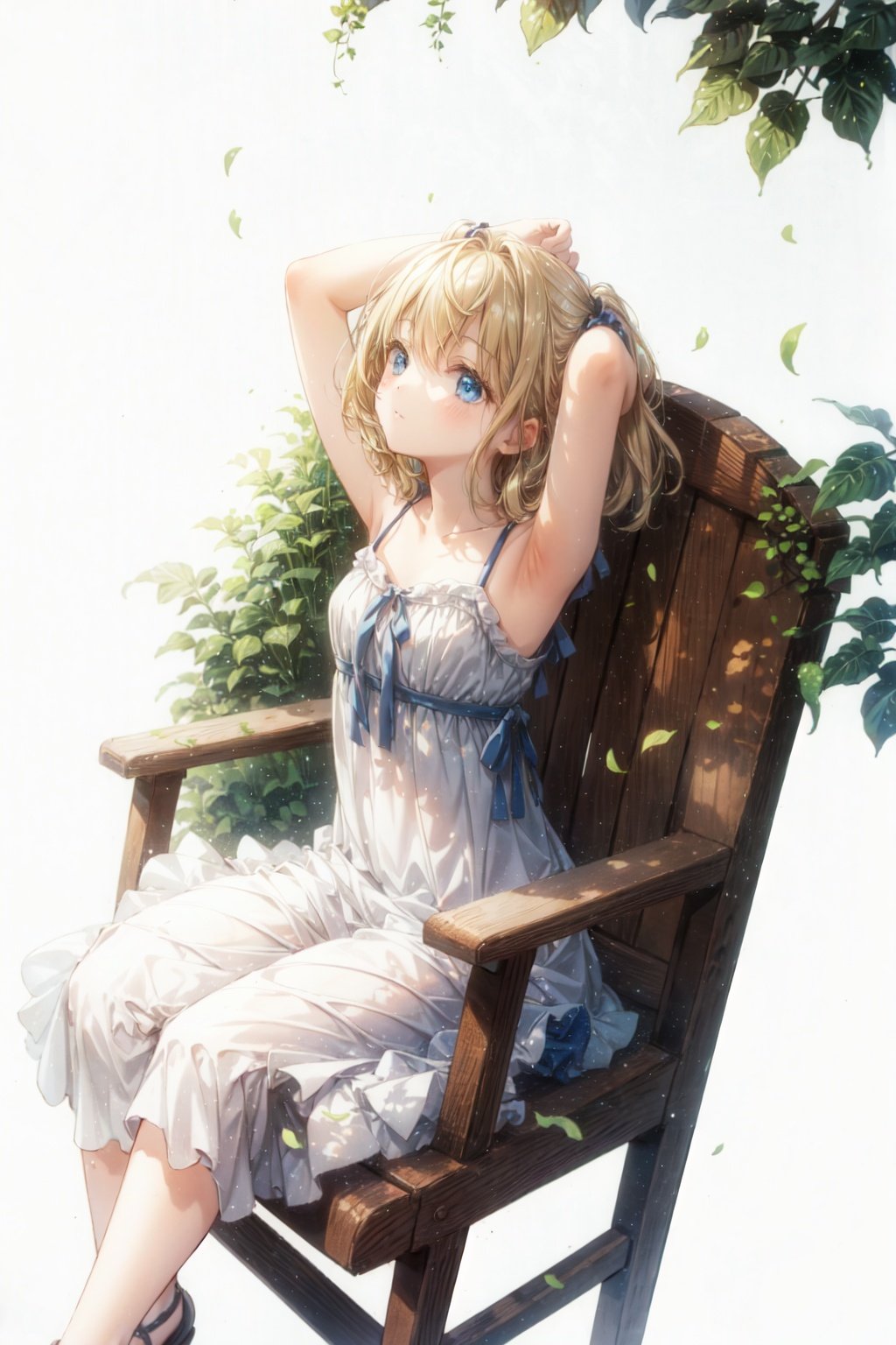  1girl, blonde hair, sundress,sitting on a chair, looking up,(simple background, white background),arms up,glowing leaves