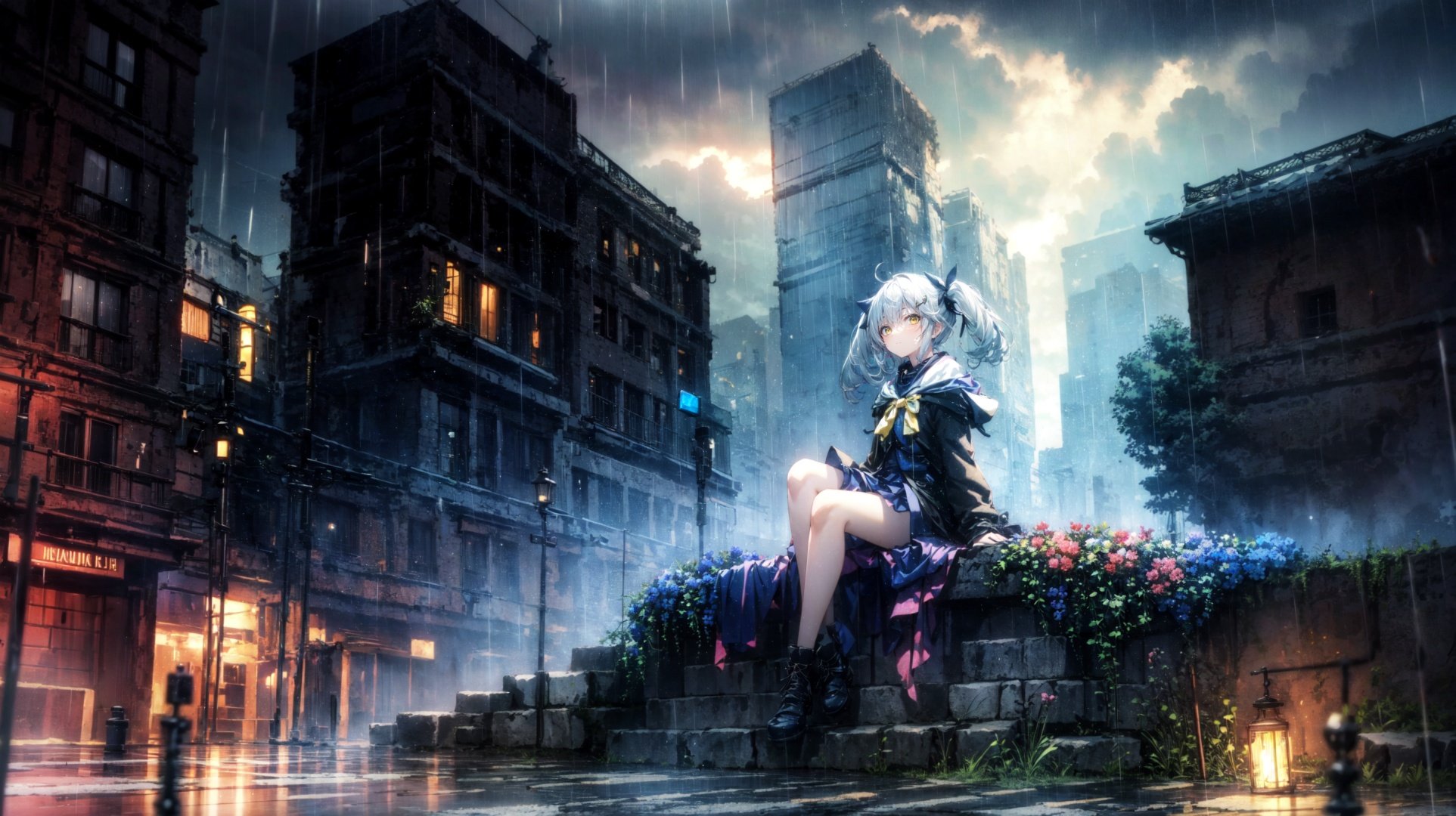  1girl,white hair,twin tails, yellow eyes,(depth of field),(sitting),(many colorful flowers),(full body,mid shot),panorama,cage,rainy,dark cloud,