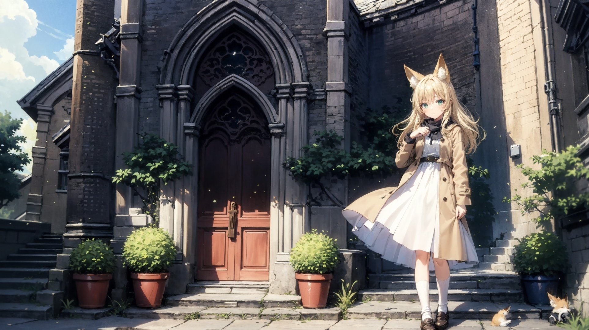  1girl, solo, cute loli, light_smile, blonde_hair, long_hair, dress, (beige_coat:1.2), (closed_mouth), straight_hair, wind_lift, hair_lift, 
(outdoors), stone_road, branches, (leaves), head tilt, (looking at viewer), straight-on, (full_body), white_socks, (fox_ears), green_eyes,
foreground_bushes, (bushes), tree, forest, sunshine, (church:1.2),(stone_road), (cobblestone), (sunshine), 
 