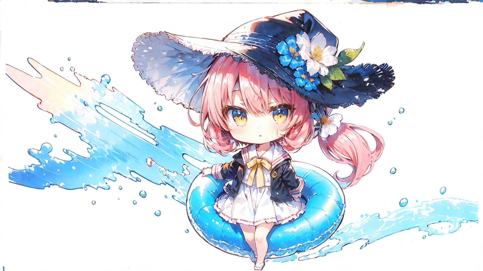  [(white background:1.4)::4], solo, (traditional media:1.3), round image, 
solo, chibi,
,loli,Pink hair,Yellow eyes,high ponytail,beach,high ponytail, ,hair flower,frilled shirt collar,facula,spot,messy hair,fipped hair,floating hair,(petite),(loli),(solo),(open jacket),staring,blank stare, visor,towel, ribbon,sun hat,innertube,sail, (full body,wide shot,mid shot,panorama),blue sky,cloudy