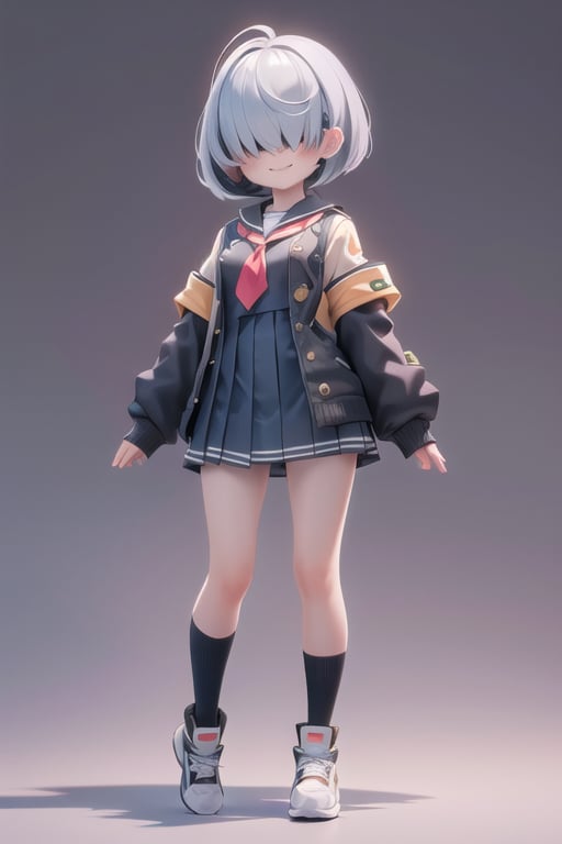 1_girl,  short height,  (student,  uniform:1.2),  multicolored hair,  bob_cut,  long sweater,  sleeves,  :),  smile,  shy,  small breast,  full body,  (gray background,  simple background:1.2),  (masterpiece),  (best quality,  highest quality),  (ultra detailed),  (8k,  4k,  intricate),  (highly detailed:1.2),  (detailed face:1.2),  (gradients),  (ambient light:1.3),  (cinematic composition:1.3),  (HDR:1),  Accent Lighting,  extremely detailed,  original,  highres,  (perfect_anatomy:1.2),  hair over eyes, <lora:EMS-58240-EMS:1.000000>, , <lora:EMS-46474-EMS:0.000000>