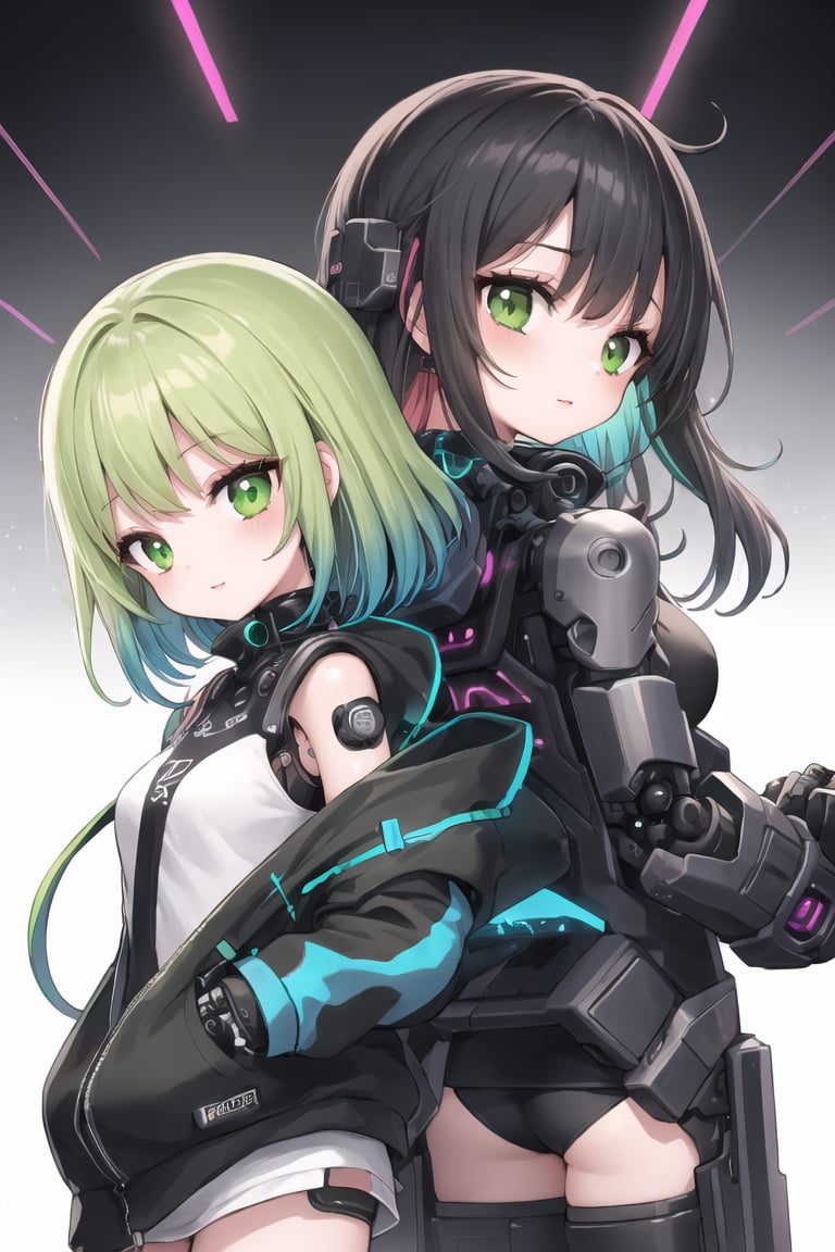 (2girls,  back-to-back, face-to-face), (best quality, masterpiece), (eye focus, face, close-up:0.4), blush, (smile:0.7), bangs, white background, dutch angle, side, head tilt, jewelry, (cyberpunk, cyborg, black,green:1.3), (multicolored, gradient:1.3), perspective, from 