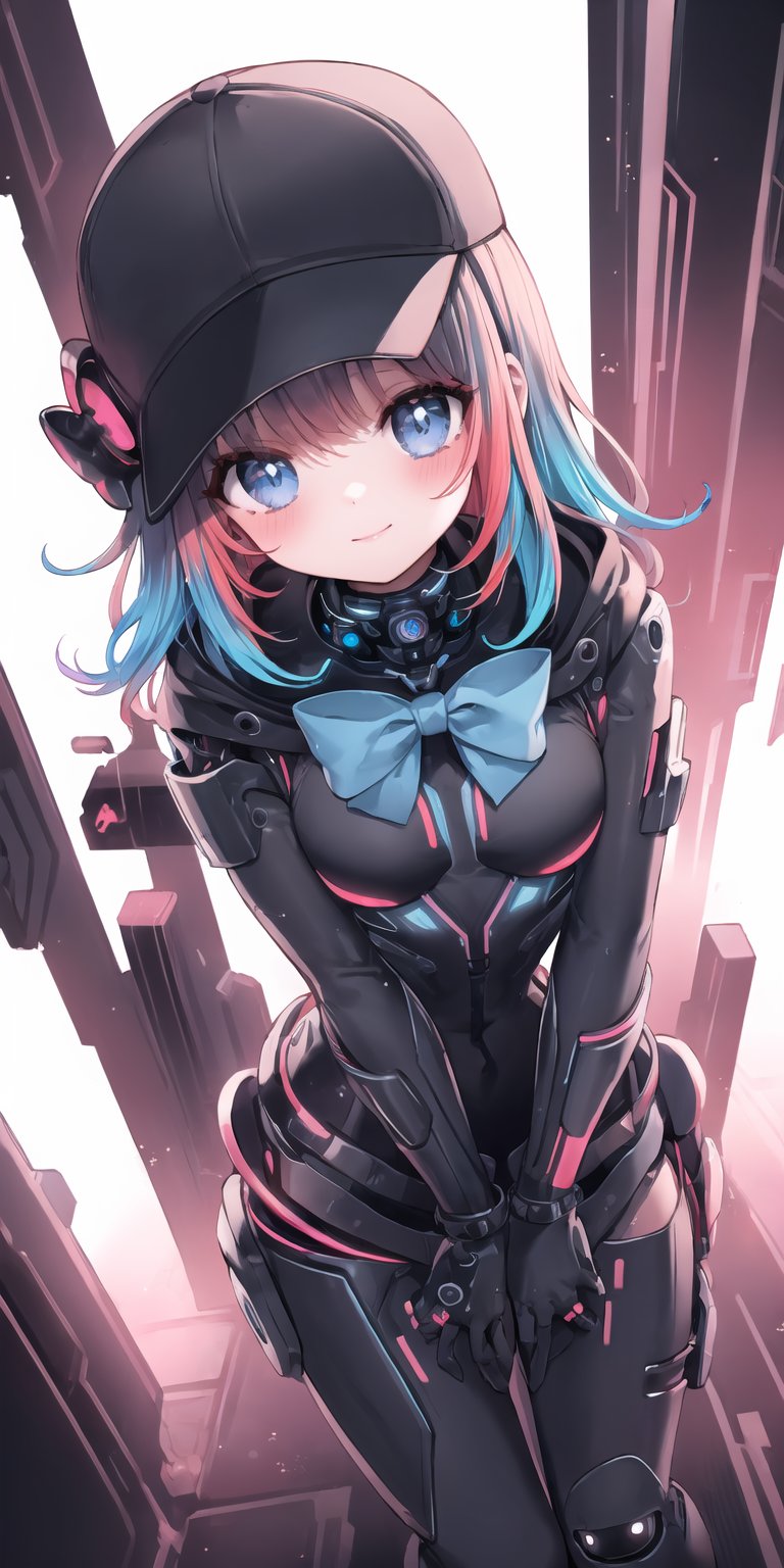 (best quality, masterpiece), (eye focus, face, close-up:0.4), blush, (smile:0.7), 1girl, solo focus, bangs, white background, dutch angle, side, head tilt, bow,hat, (cyberpunk, cyborg, blue,red theme:1.3), (multicolored, gradient:1.3), perspective, from above